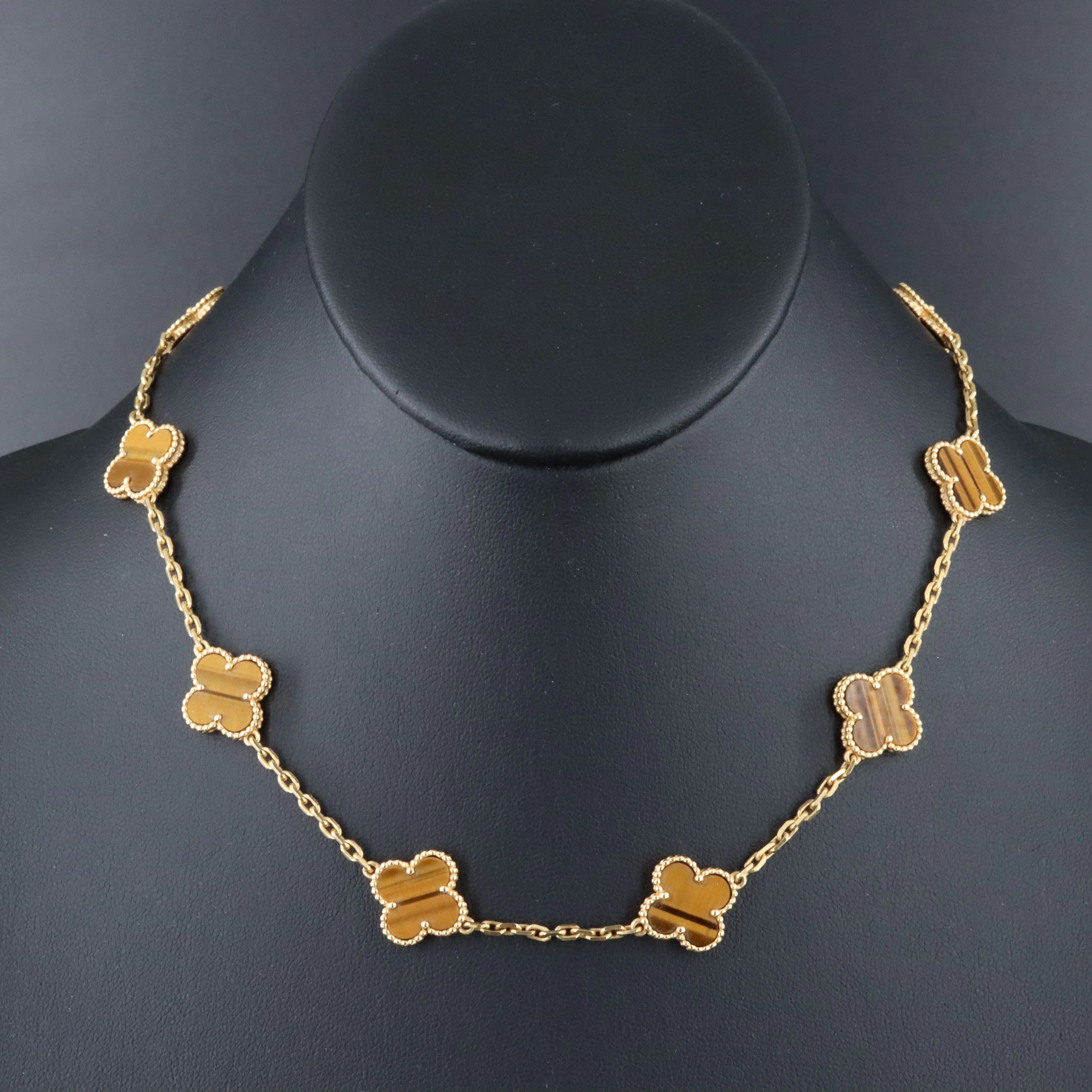Van Cleef & Arpels Vintage Alhambra 18K Tiger's Eye Necklace, 10 Motifs