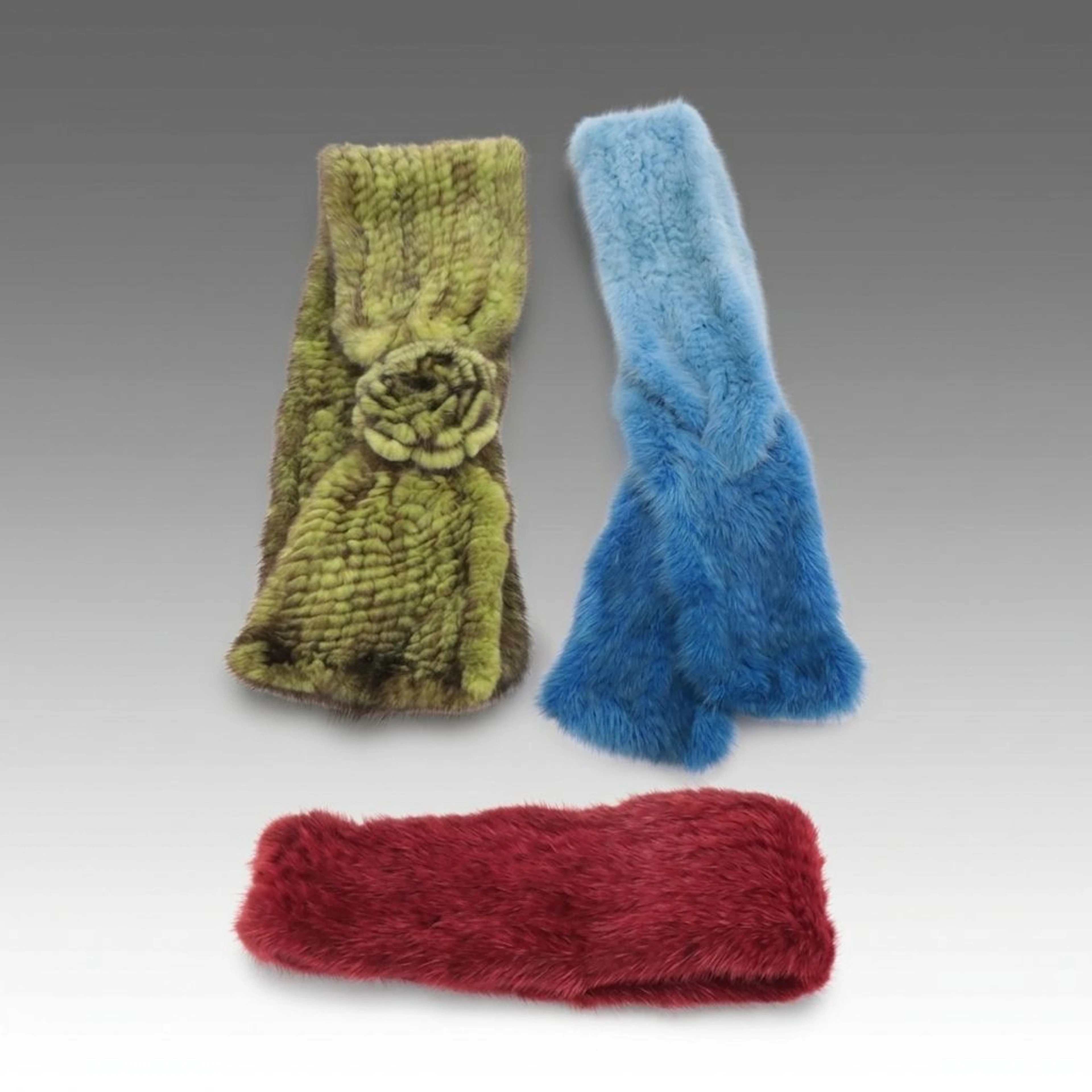 Cassini Dyed Knitted Mink Fur Head Warmer and Other Flat Weave Keyhole Scarves