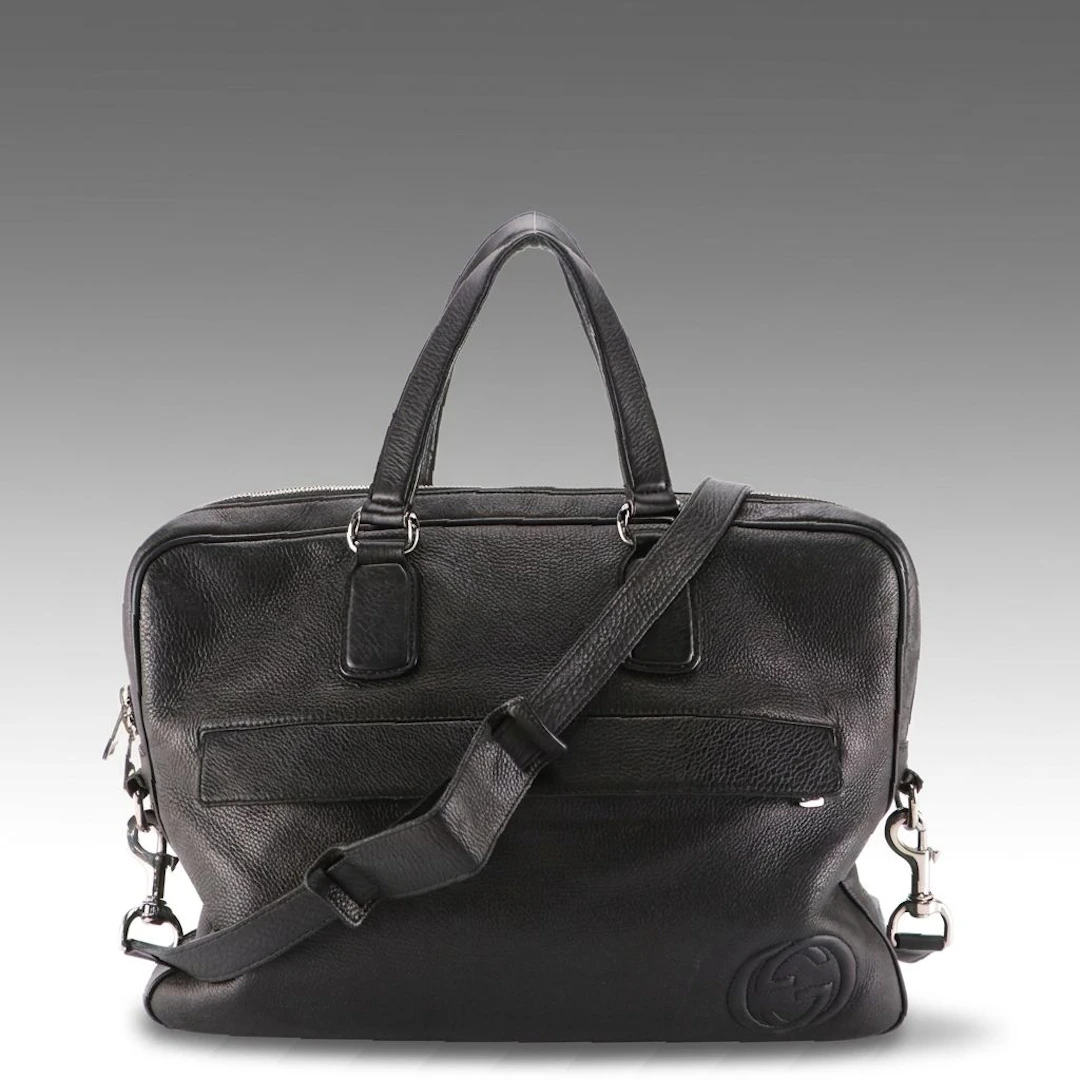 Gucci Black Calfskin Grain Leather Soho Briefcase Bag with Detachable Strap