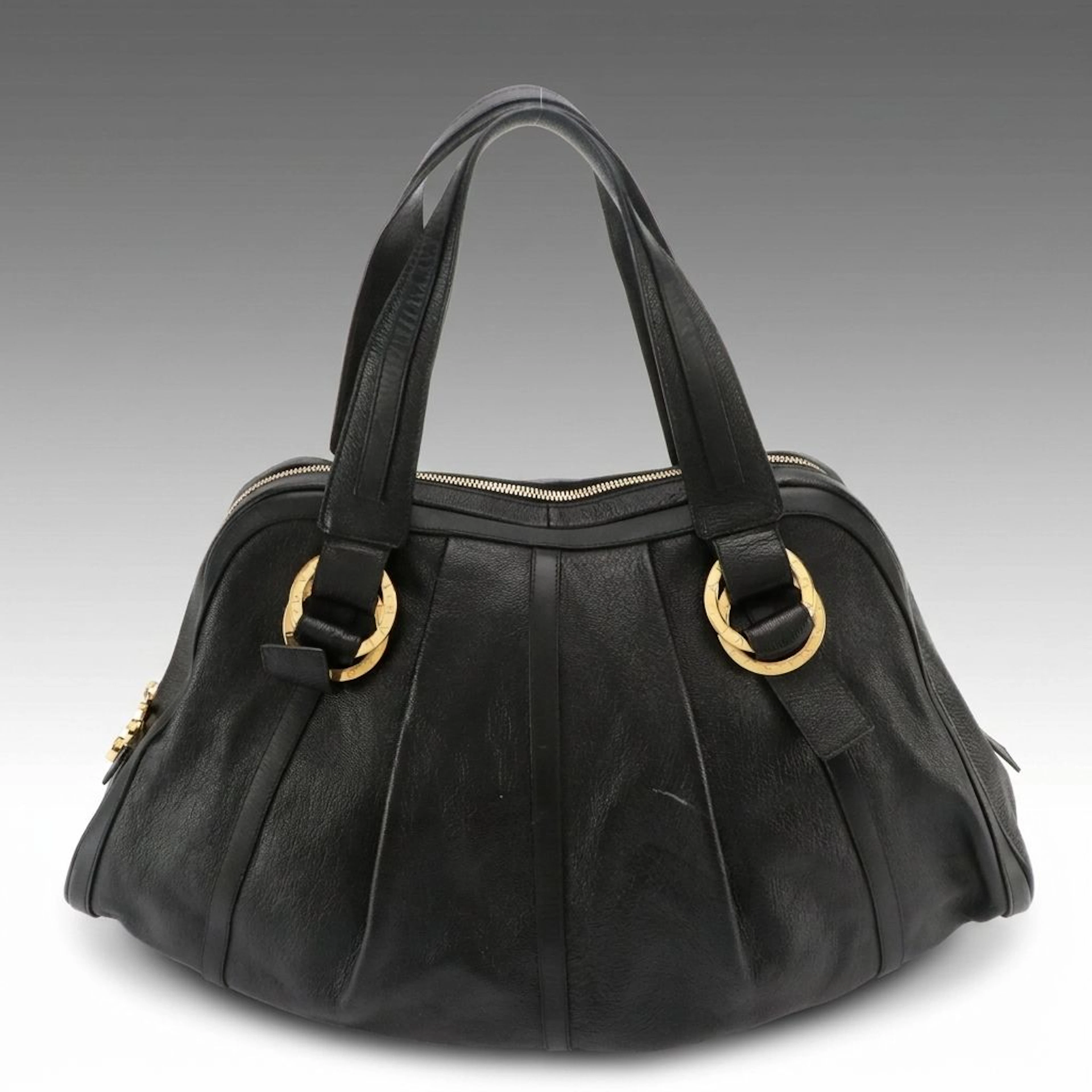 BVLGARI Black Grain Leather Pleated Large Tote Bag with Signature Hardware