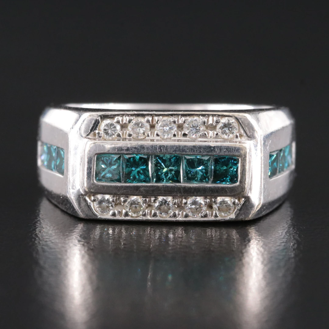 14K 1.37 CTW Diamond Rectangular Top Ring with Fancy Blue