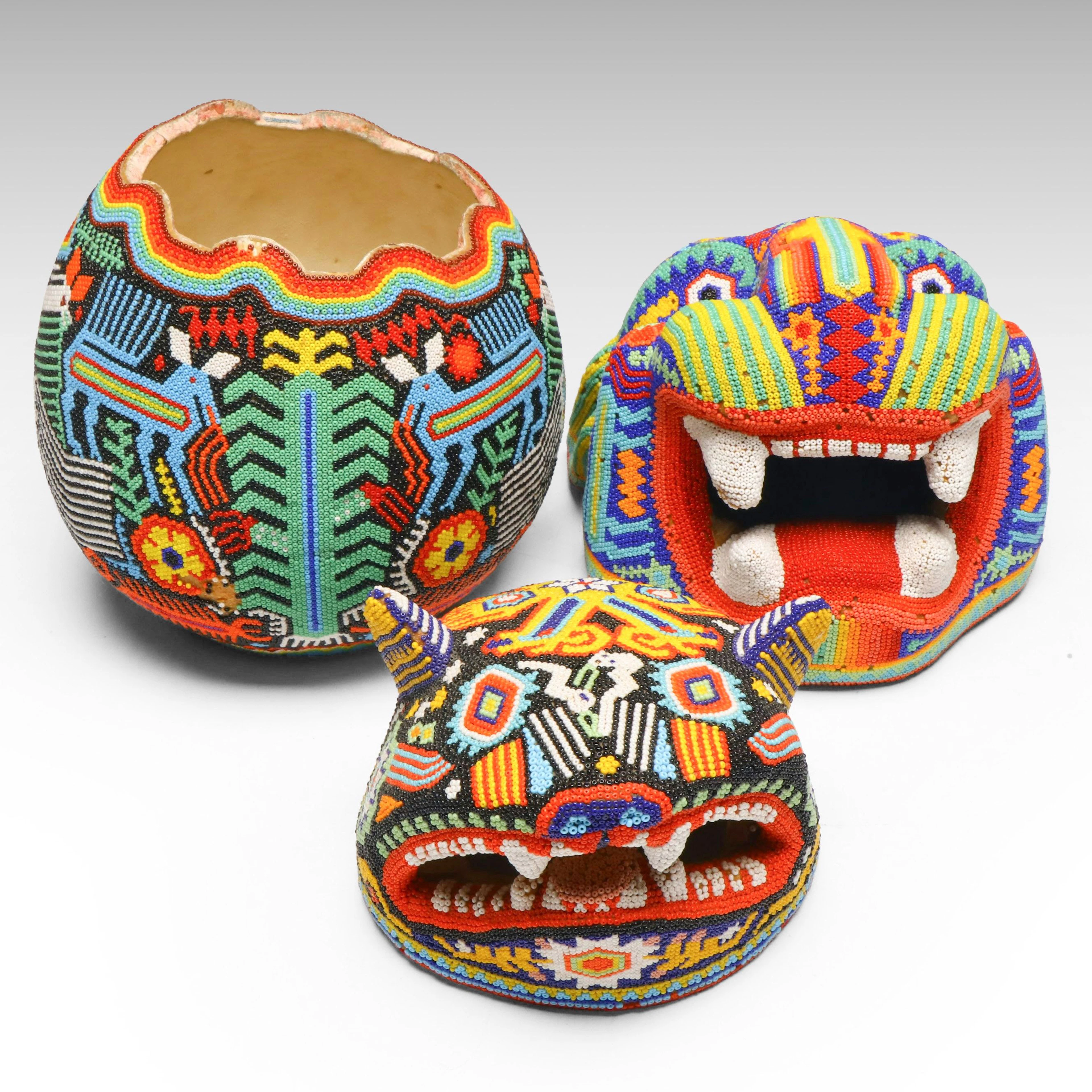 Mexican Huichol Folk Art Beaded Multicolor Animal Heads and Vessel