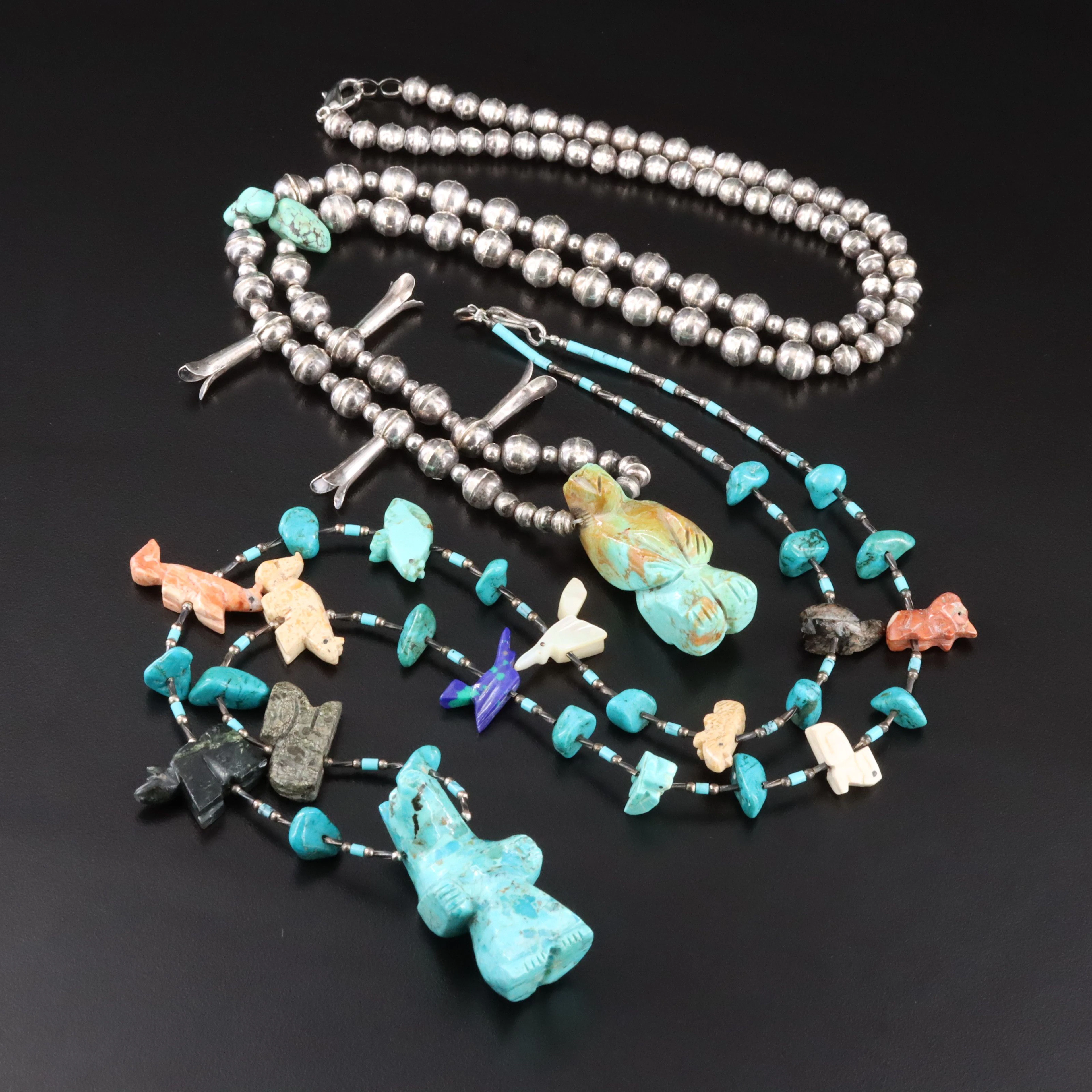 Southwestern Sterling Turquoise Fetish and Bench Bead Necklaces