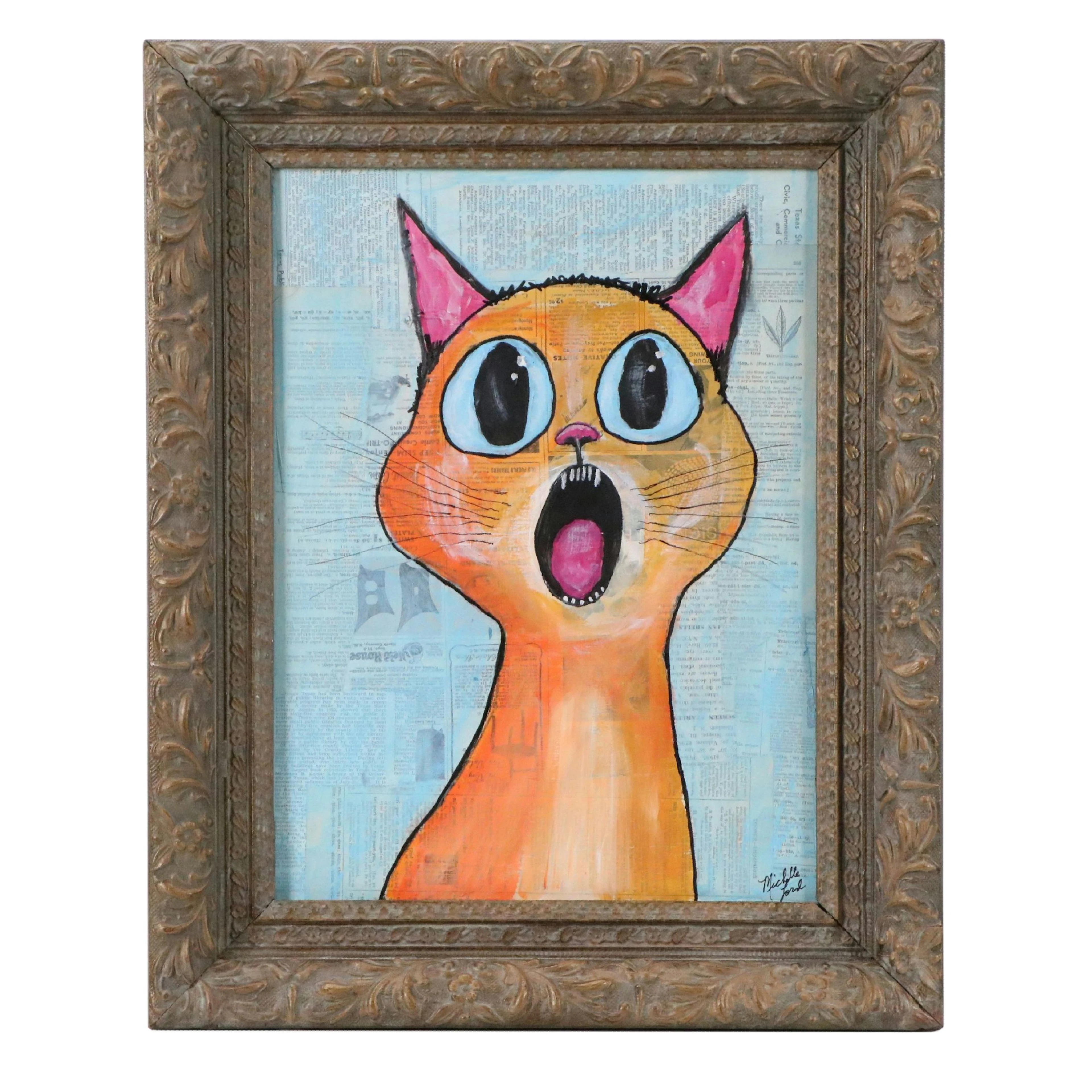 Michelle Lord Mixed Media Painting of Surprised Cat "No Tuna?", 2026