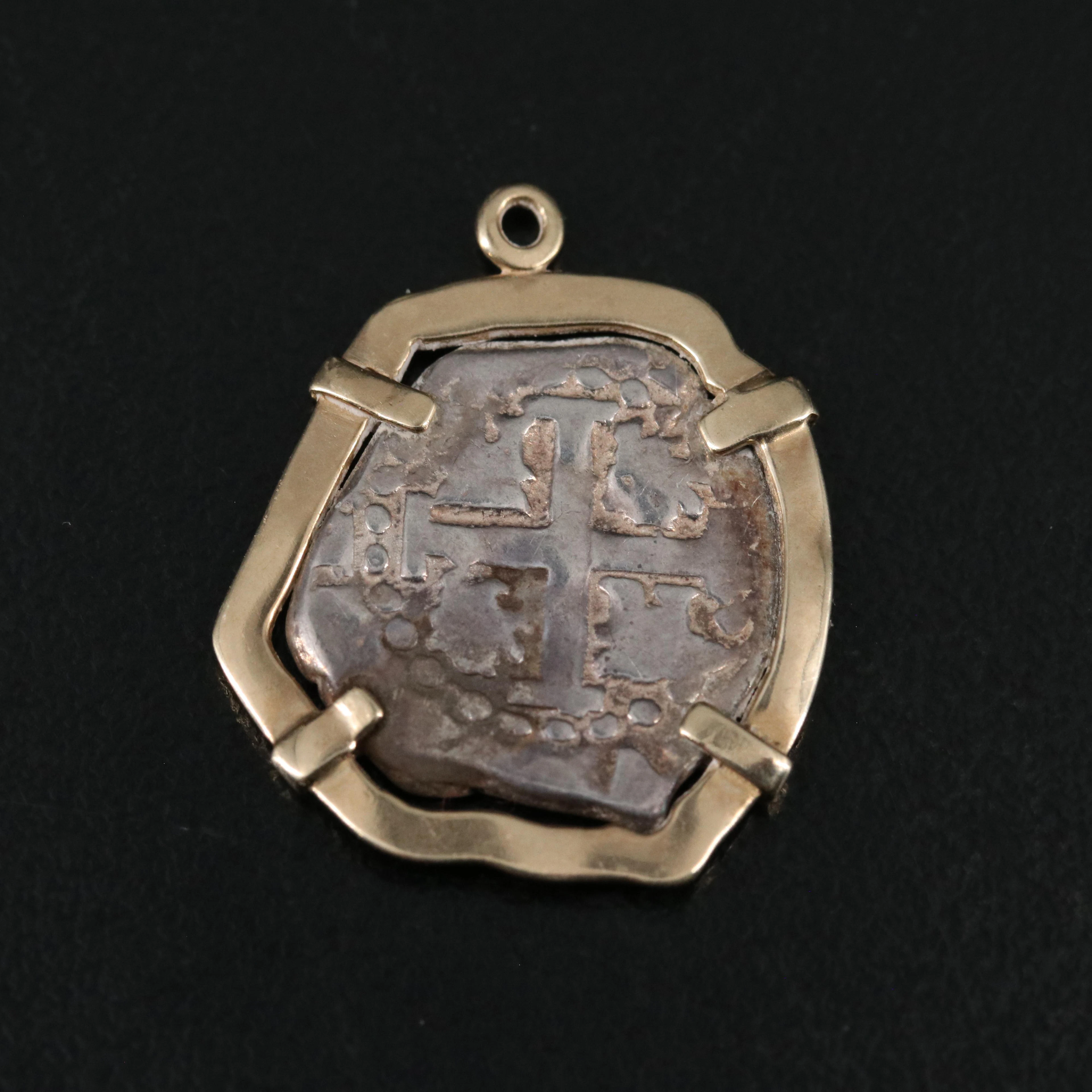 17th Century Spanish Colonial 2-Reales Silver Cob Coin 14K Pendant