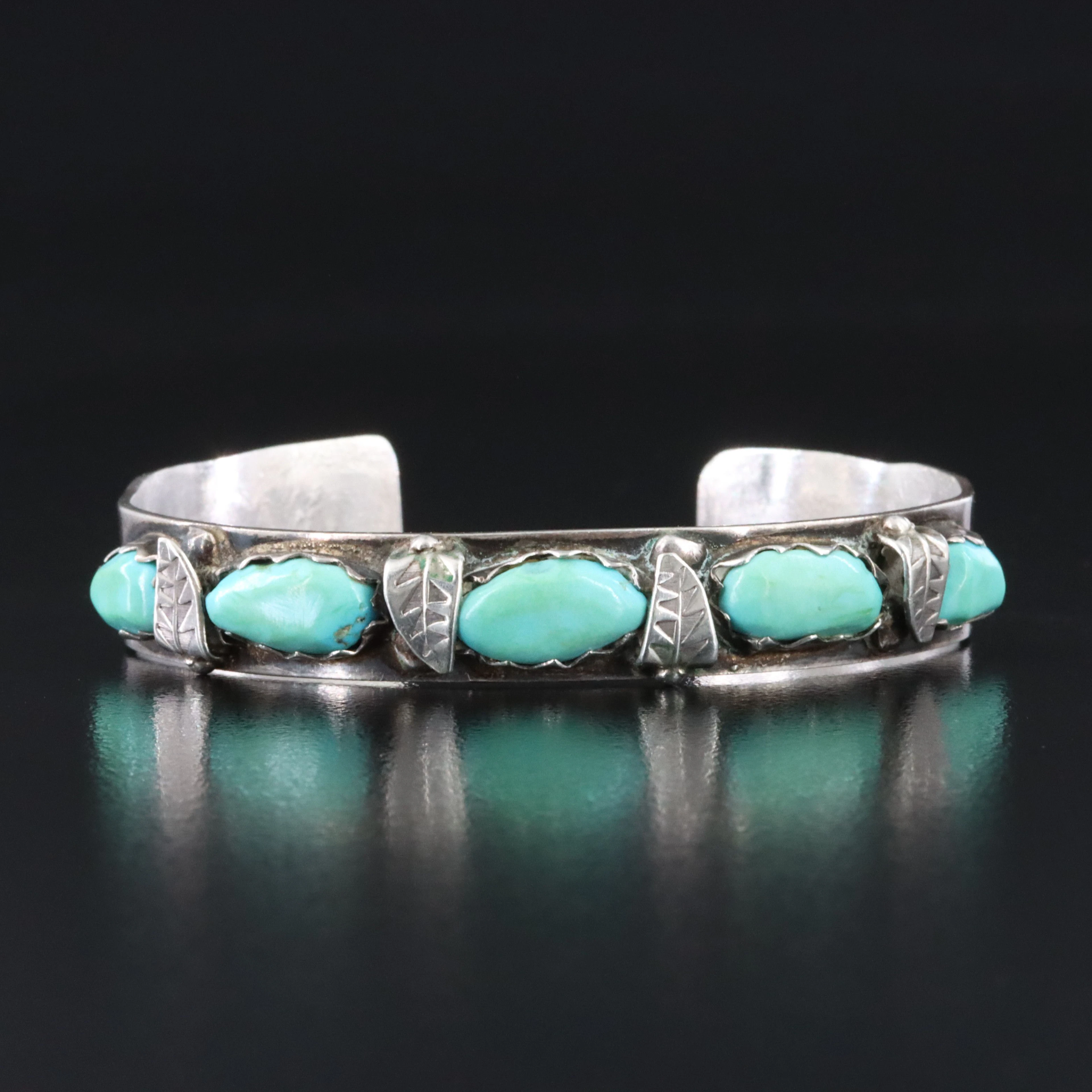 Wayne Cheama Zuni Sterling Turquoise Cuff with Stampwork
