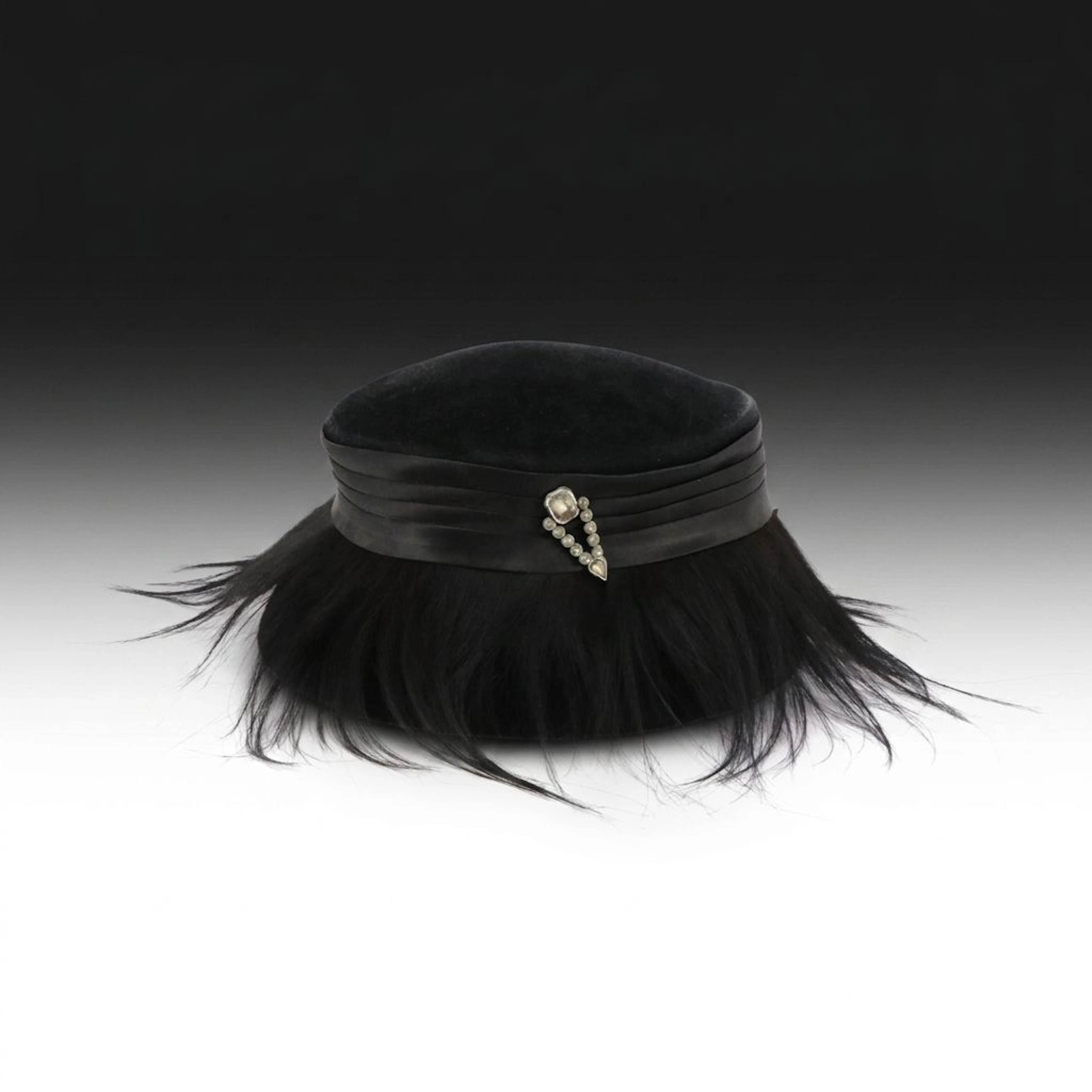 Lee Velour Cloche Hat with Faux Fur Fringe and Rhinestone Brooch Pin, Vintage