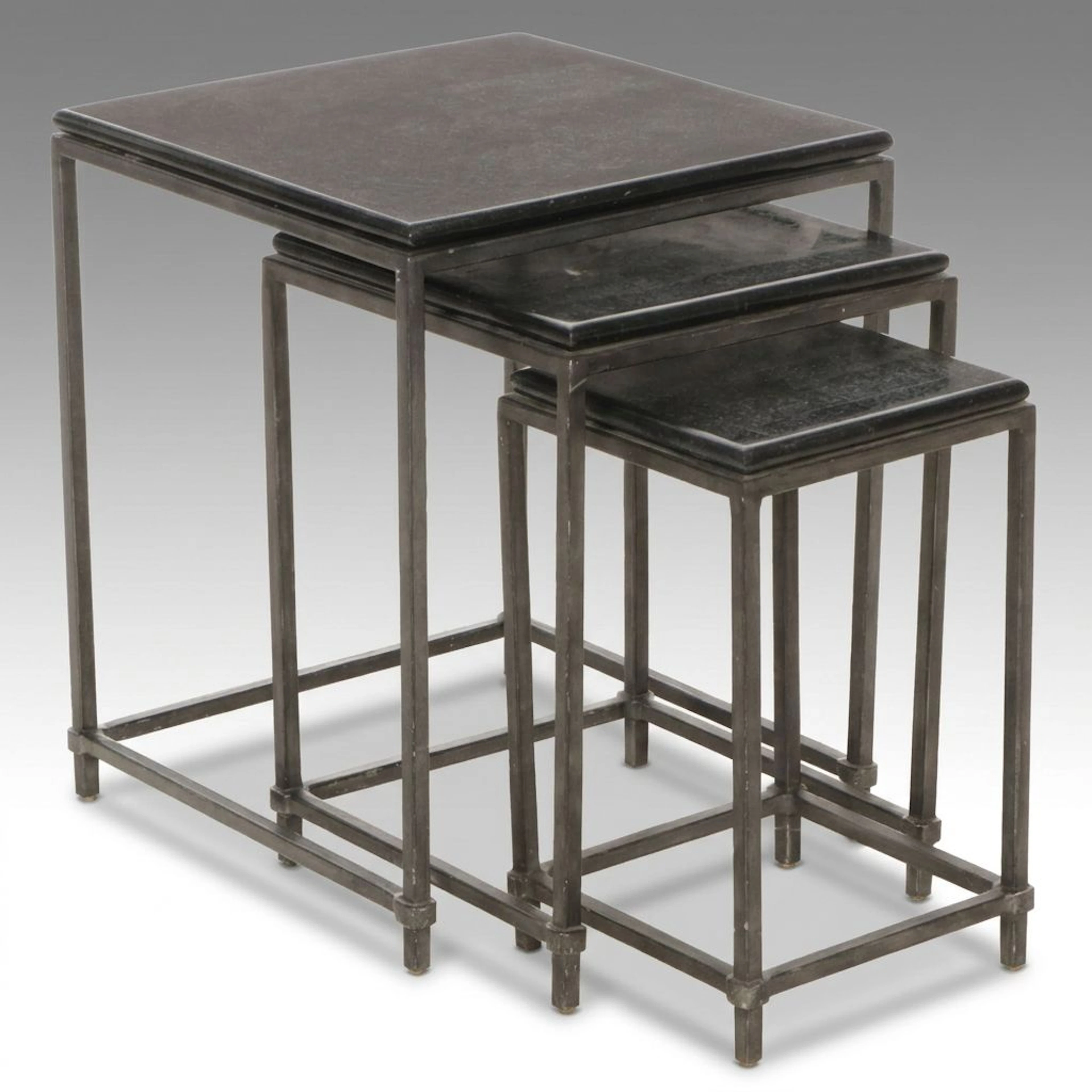 Set of Three Contemporary Metal Nesting Tables with Tessellated Granite Tops