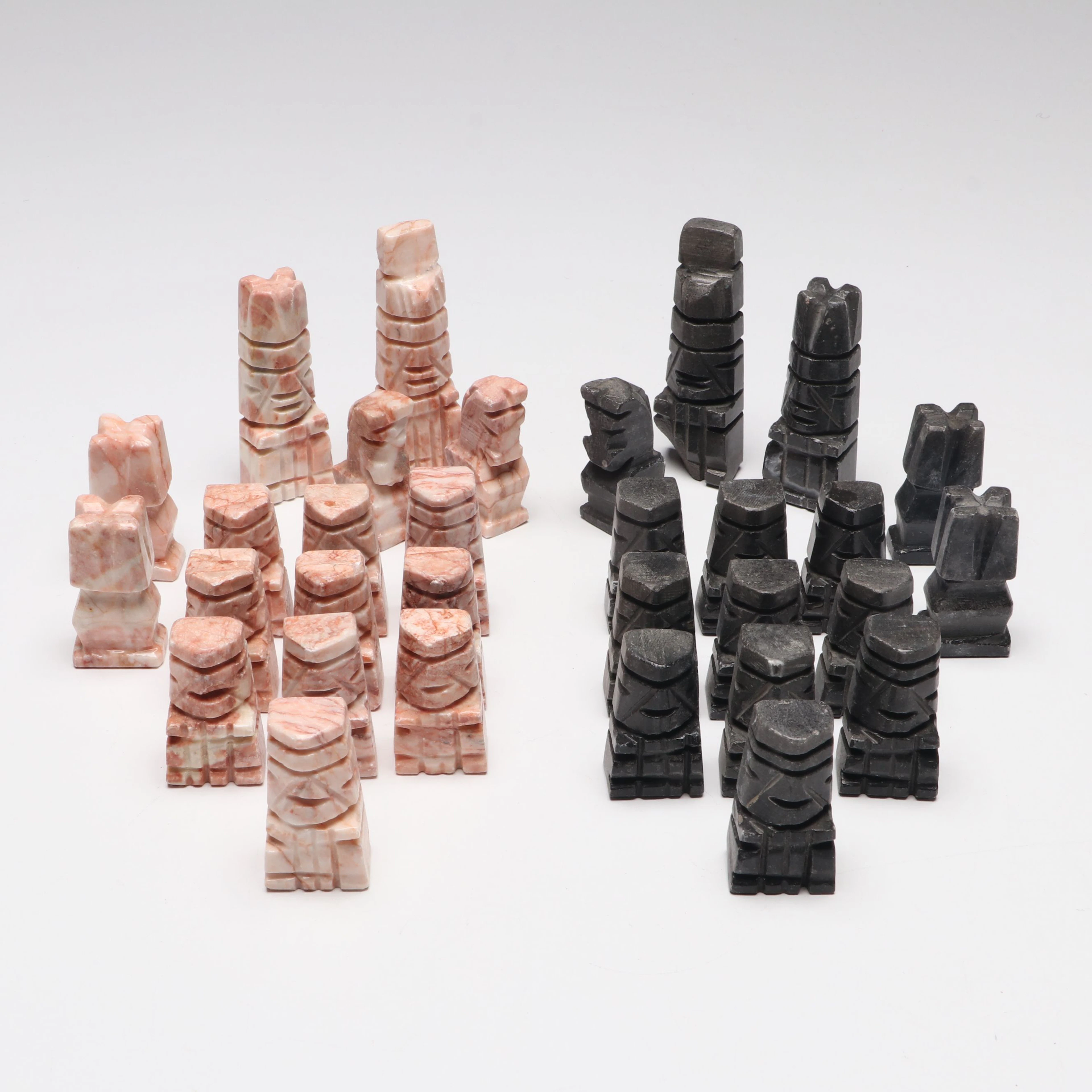 Carved Black and Pink Stone Chess Game Pieces