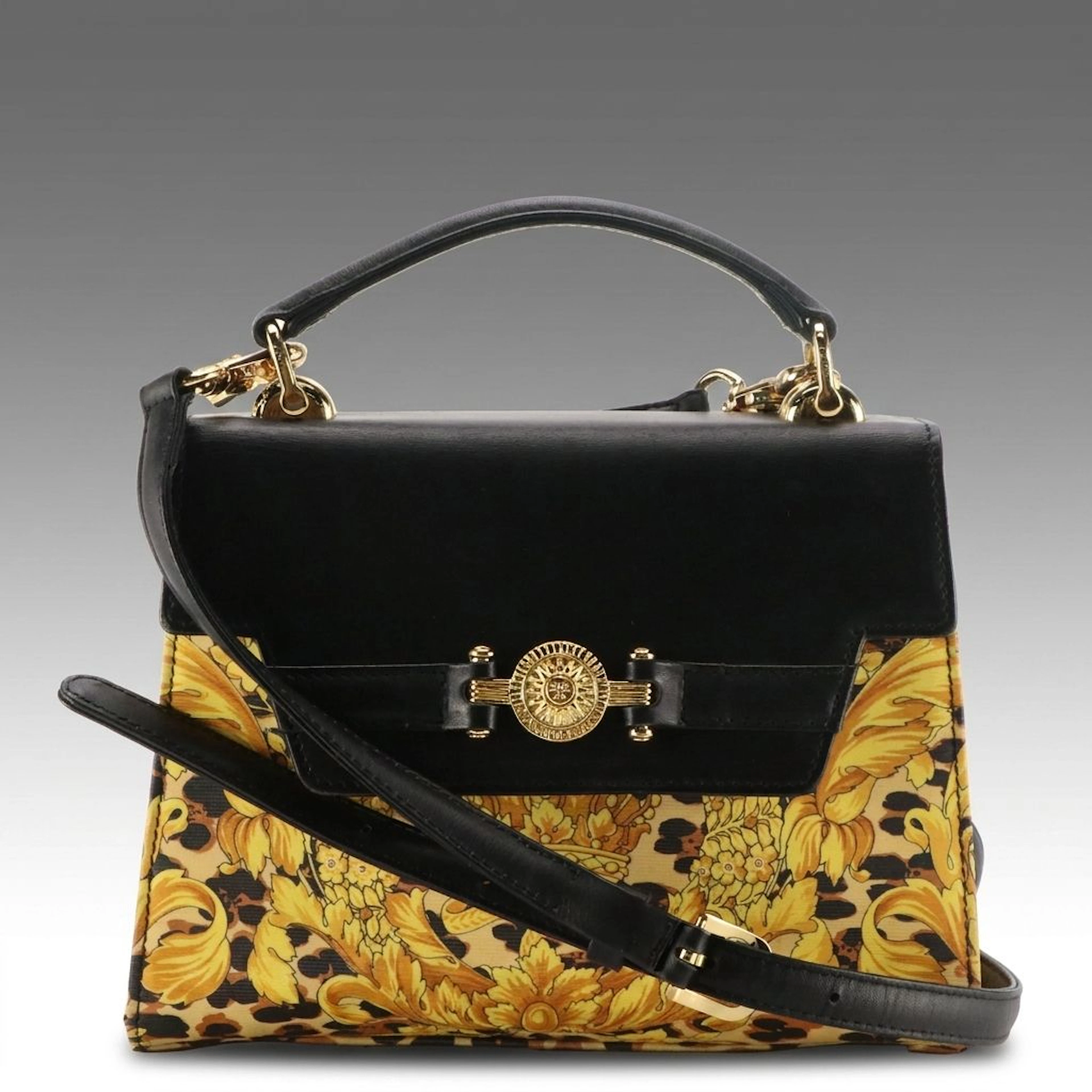 Gianni Versace Baroque Print and Black Leather Two-Way Top-Handle Kelly Bag