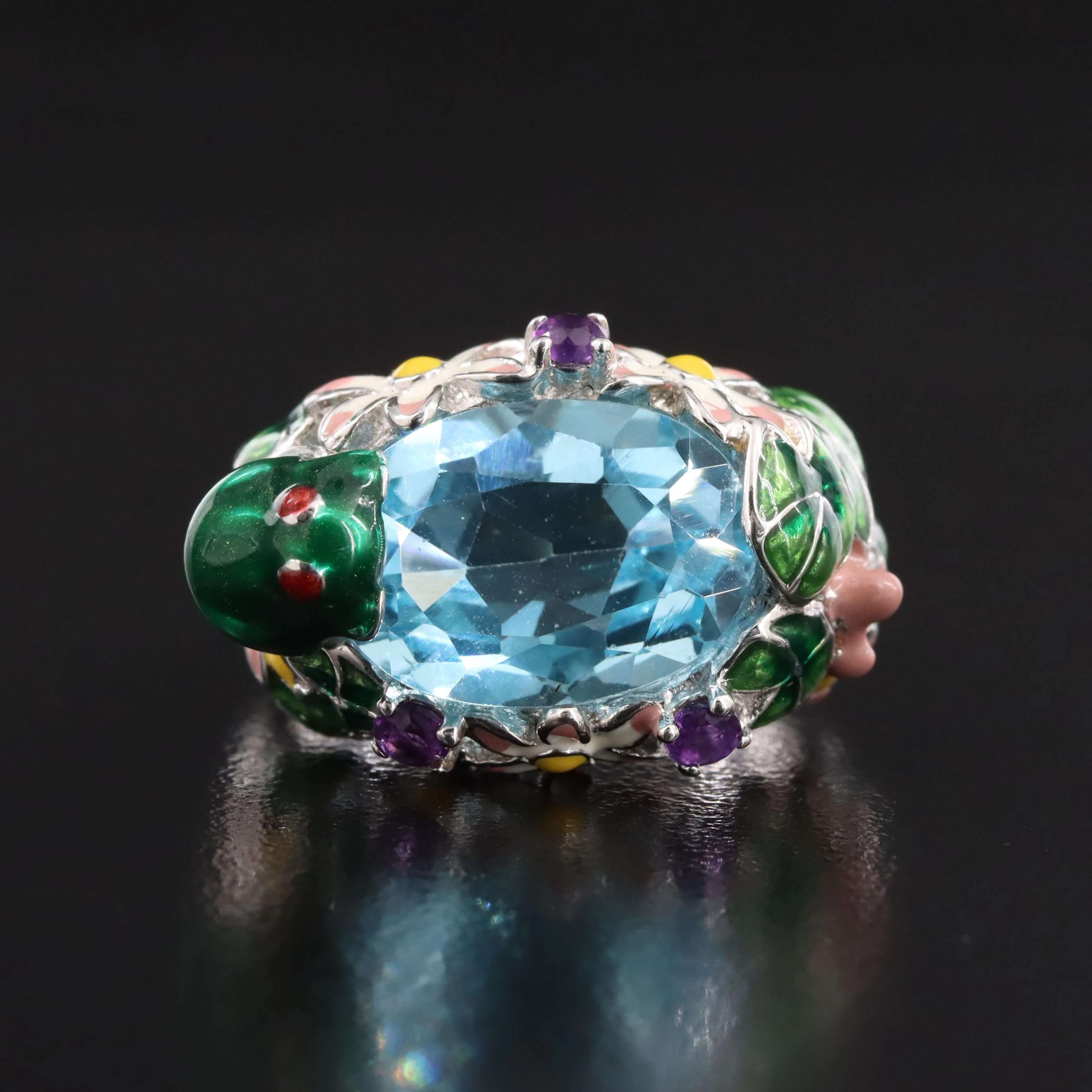 Sterling Enamel Frog and Lily Pad Ring Featuring Blue Topaz