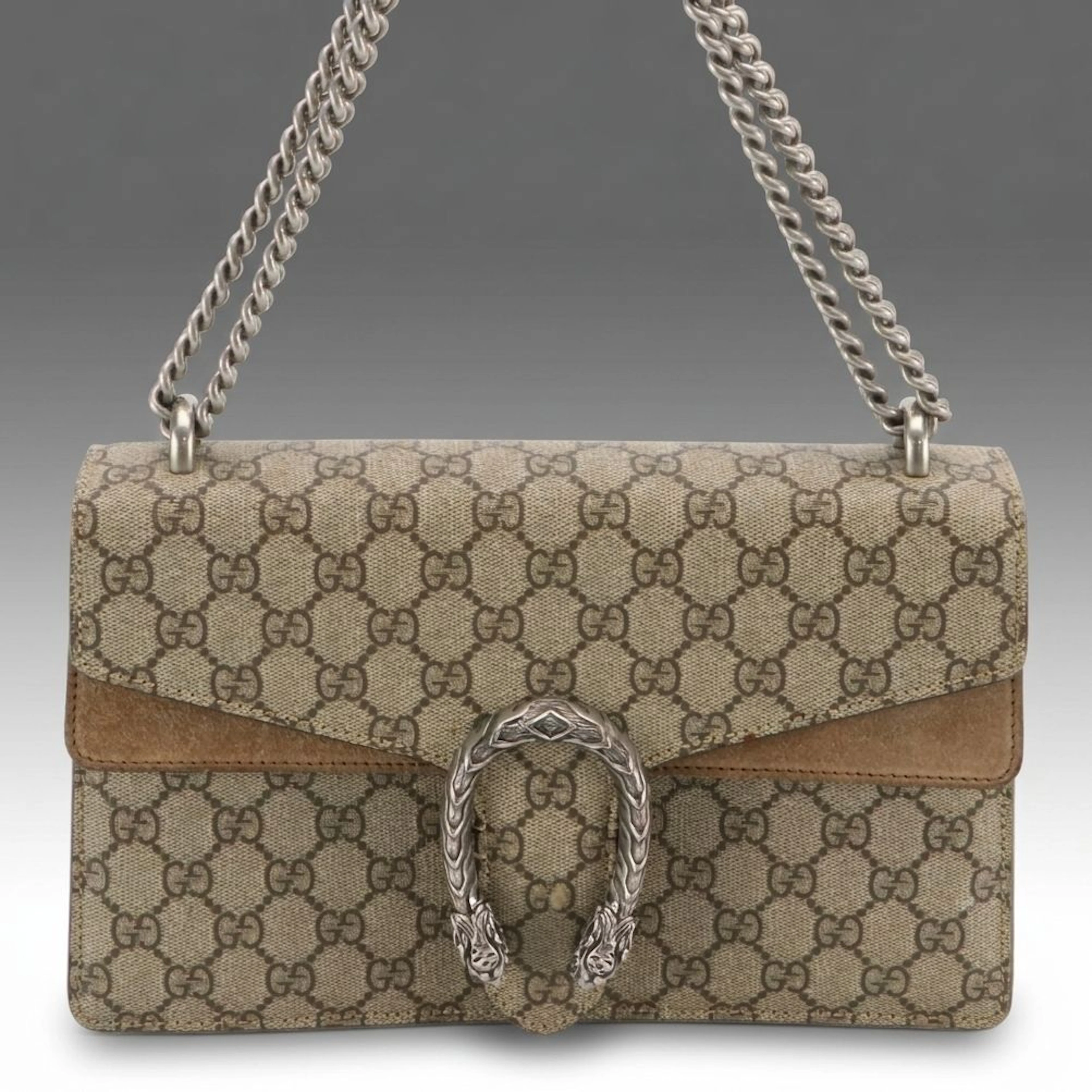 Gucci Dionysus Flap Shoulder Bag in GG Supreme Canvas and Brown Suede