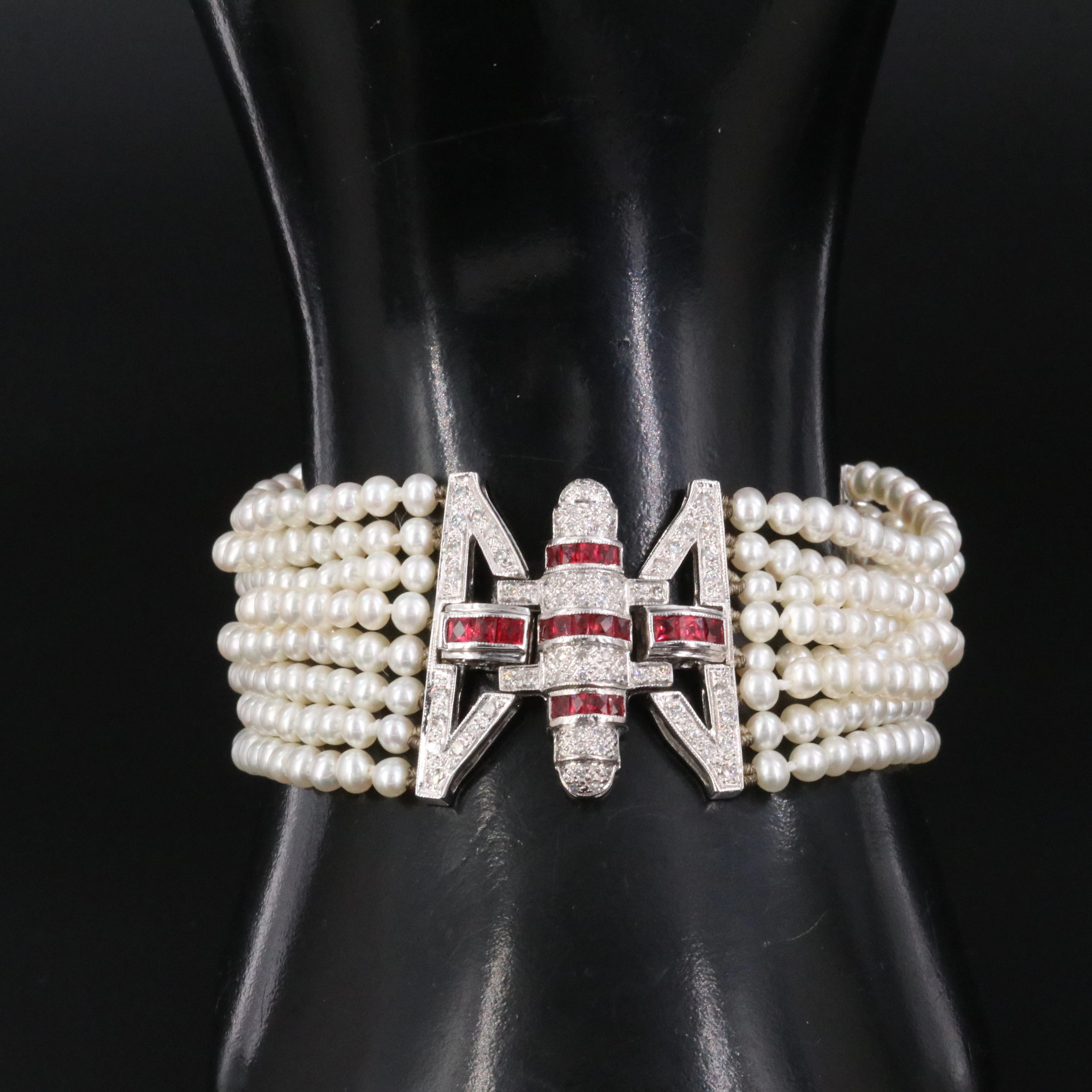 Art Deco 14K Diamond and Ruby Clasp and Stations Pearl Bracelet