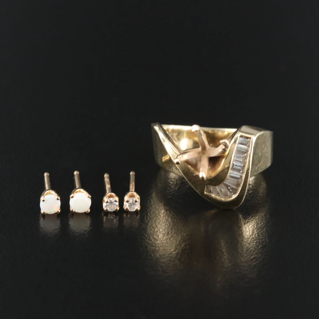 14K 0.32 CTW Diamond Semi Mount Ring and Stud Earrings with Opal Earrings