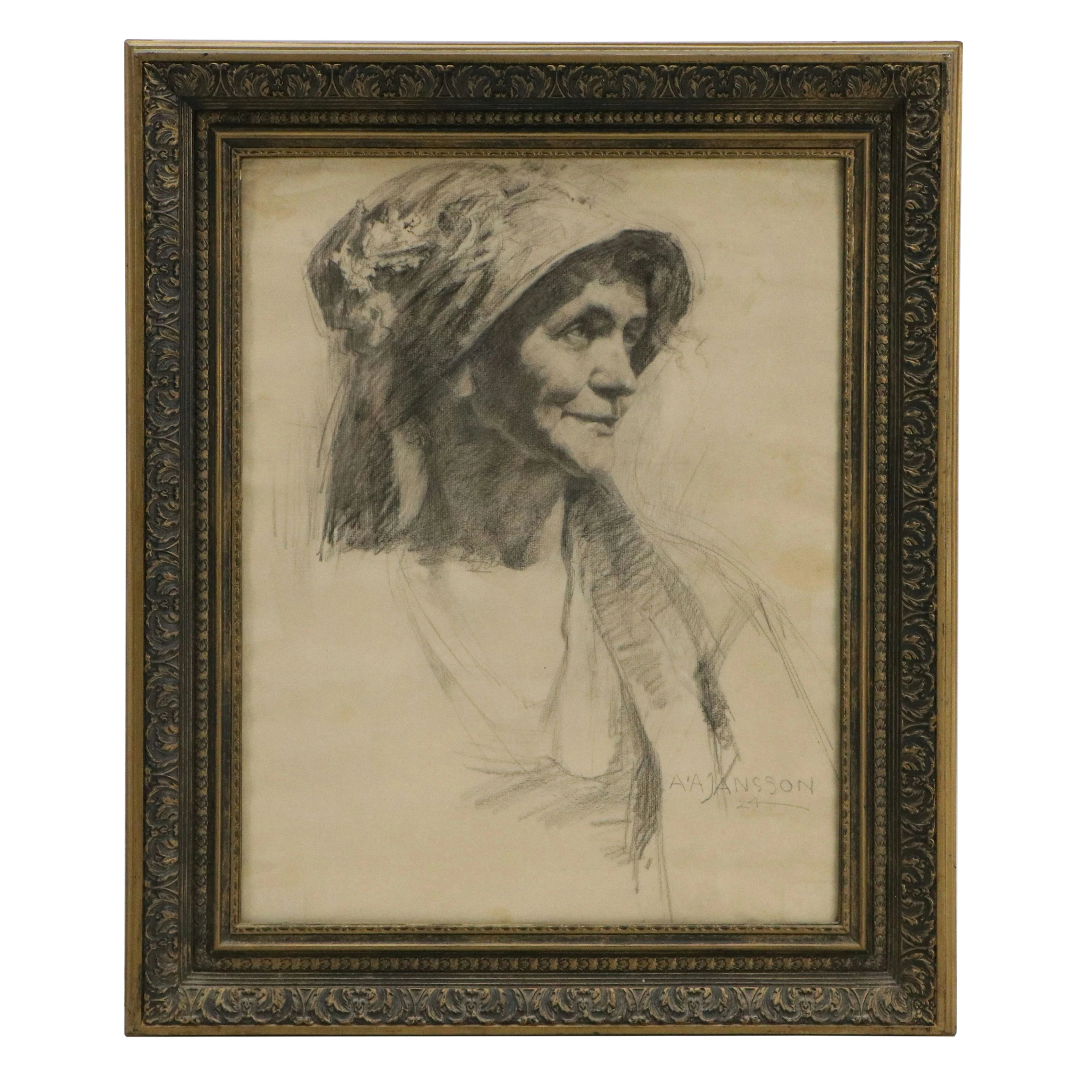 Arthur August Jansson Charcoal Portrait Drawing of Woman in Hat, 1924