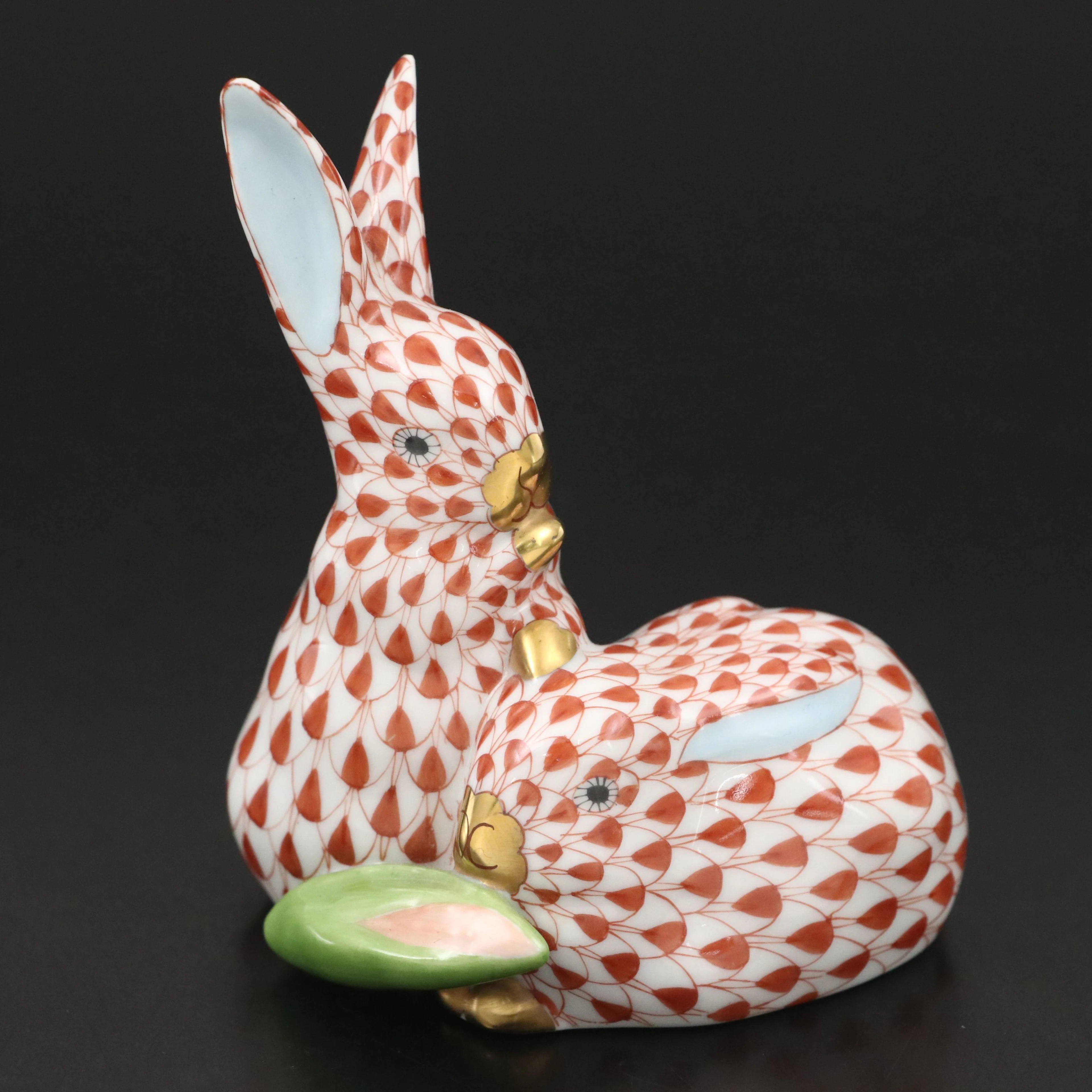 Herend Rust Fishnet with Gold "Pair of Rabbits with Corn" Porcelain Figurine
