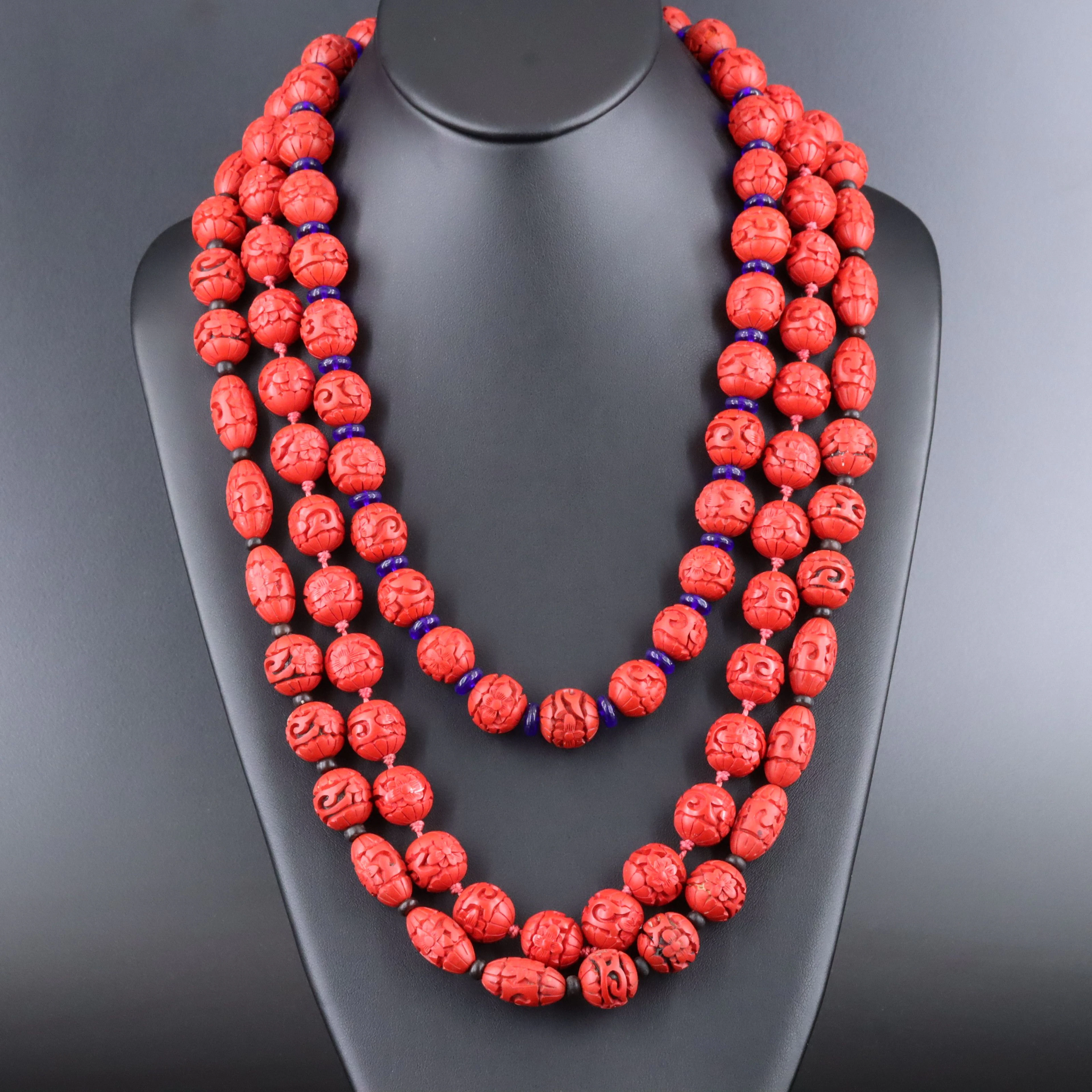 Vintage Carved Imitation Cinnabar and Enamel Floral Bead Necklaces