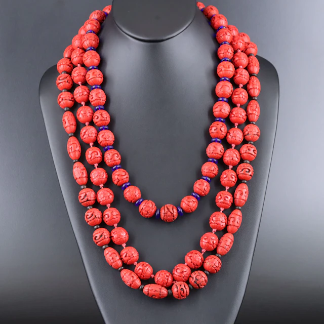 Vintage Carved Imitation Cinnabar and Enamel Floral Bead Necklaces