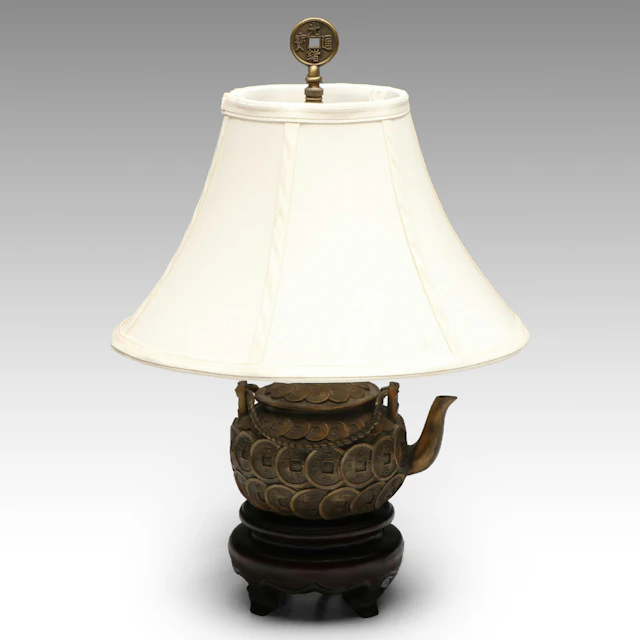 Chinese Brass Coin Covered Teapot Table Lamp and Silk Shade, Late
