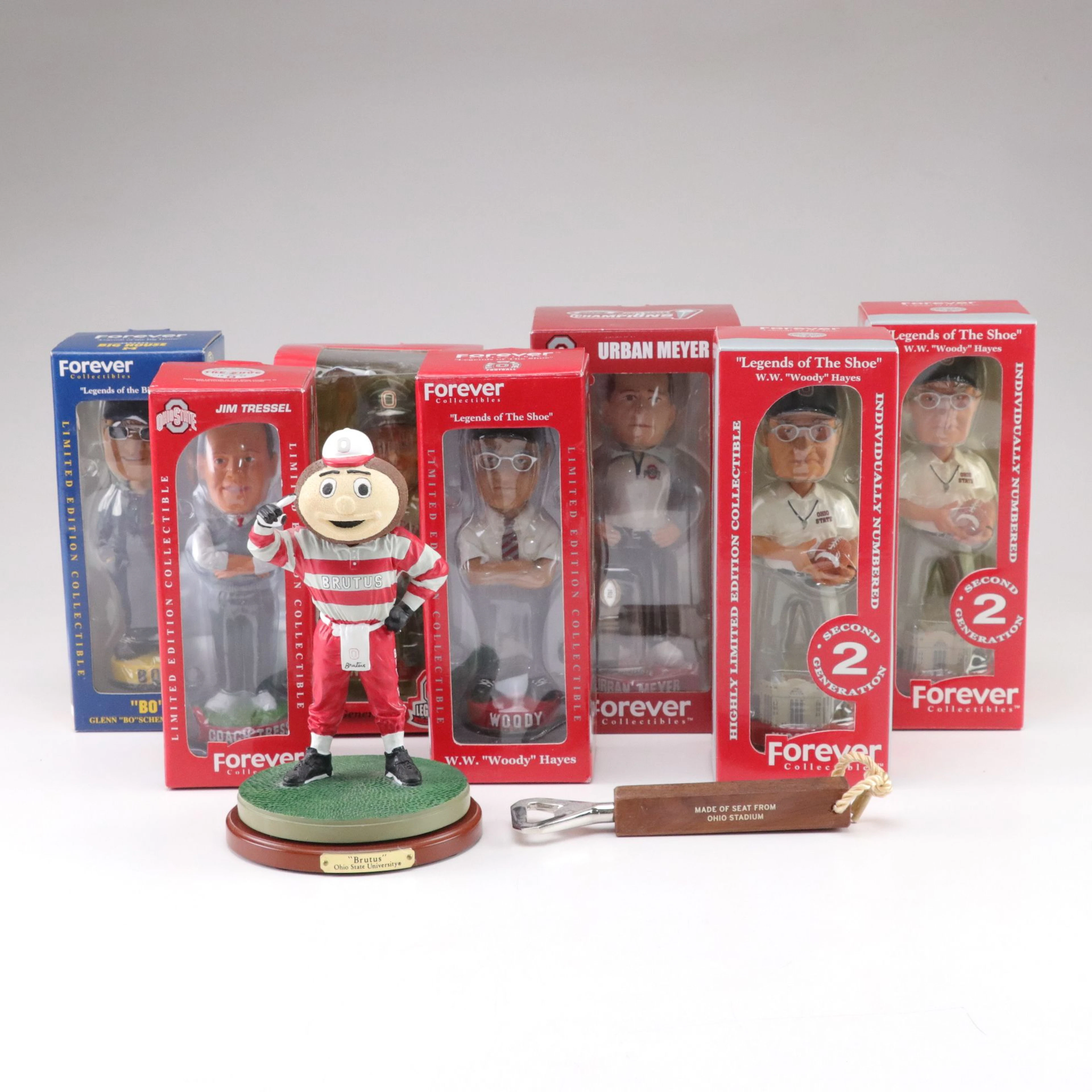 Ohio State "Brutus" with Bobbleheads and Ohio Stadium Seat Bottle Opener