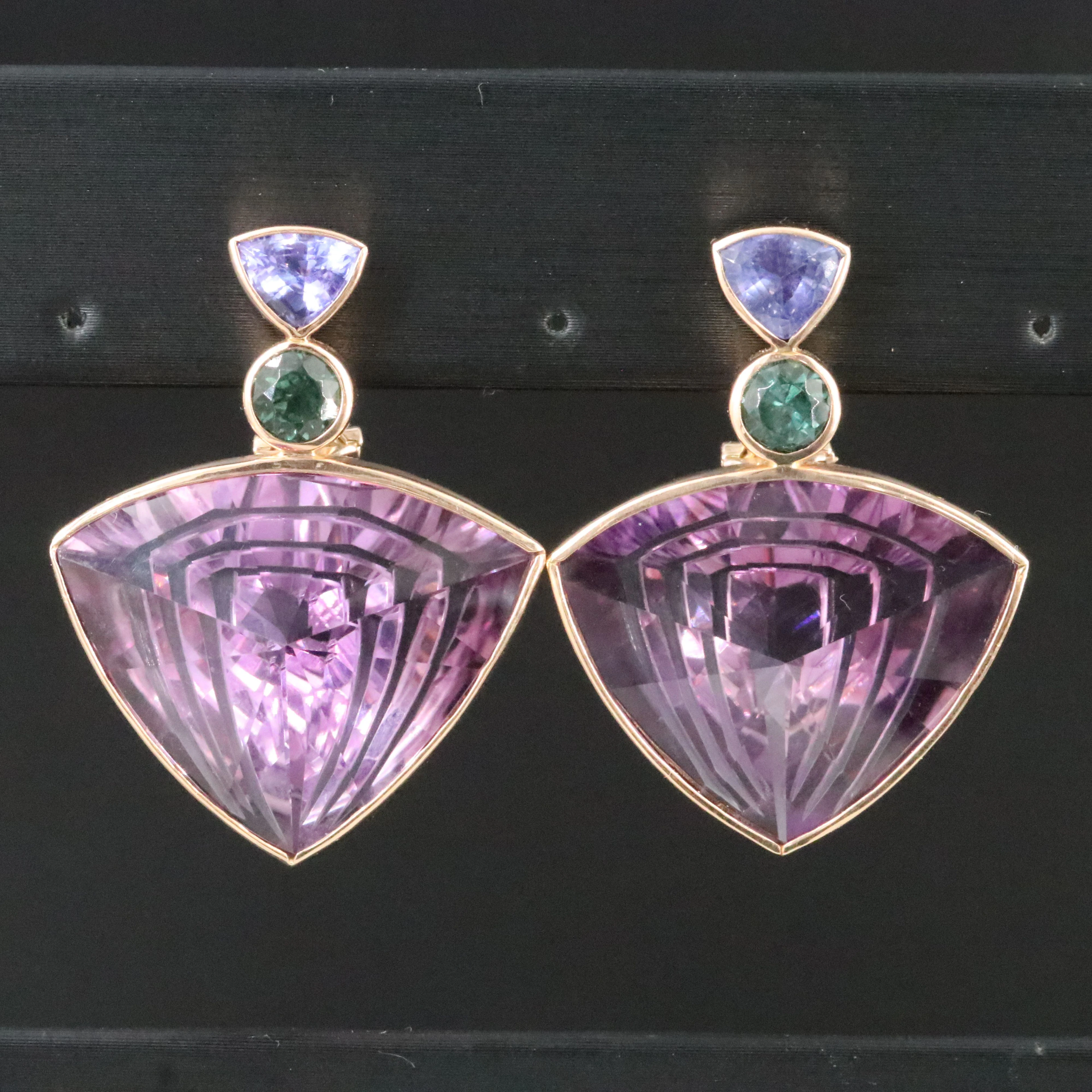 14K Amethyst, Tourmaline and Tanzanite Earrings