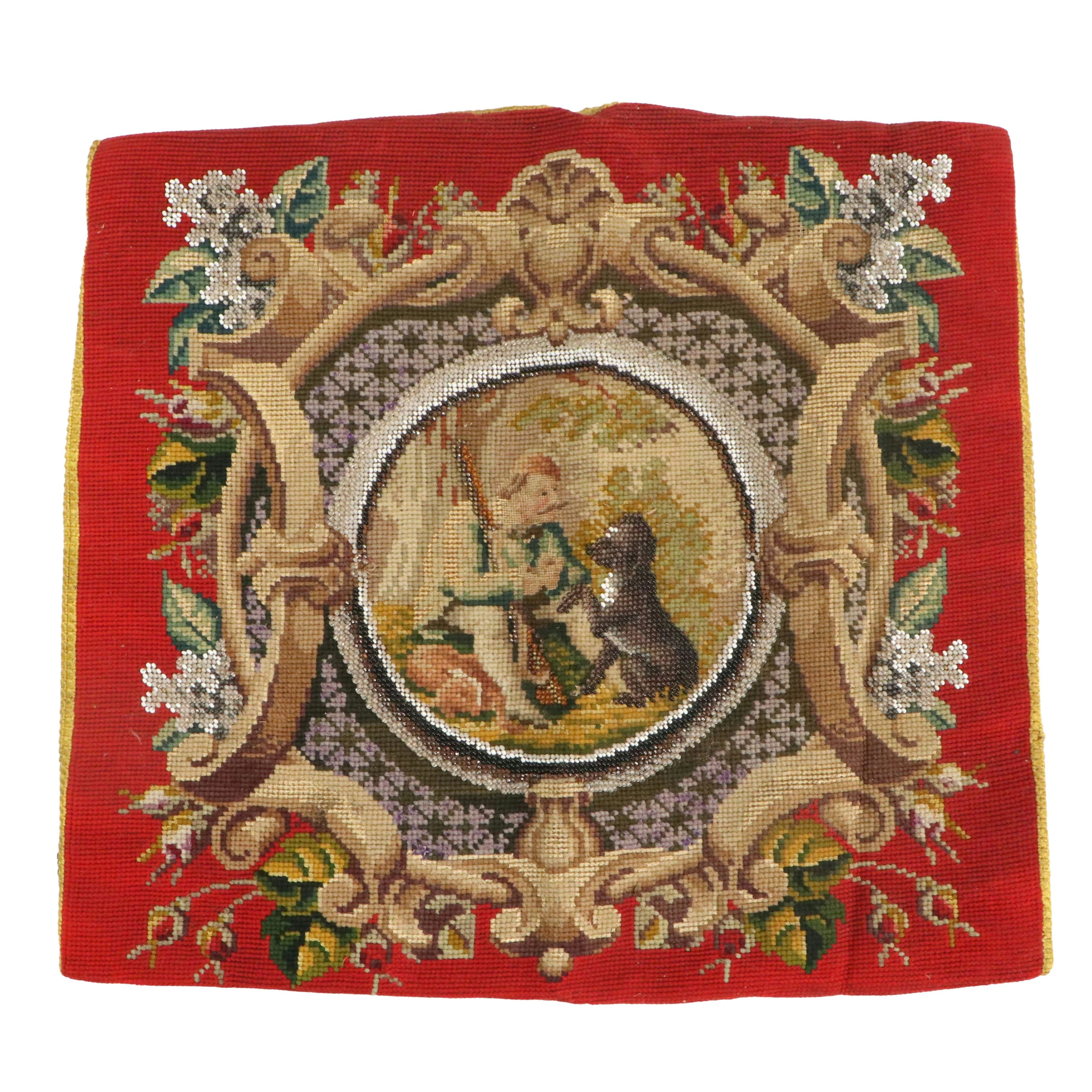 Victorian Beaded Needlepoint Embroidery of Hunter with Hound, 19th to 20th C.