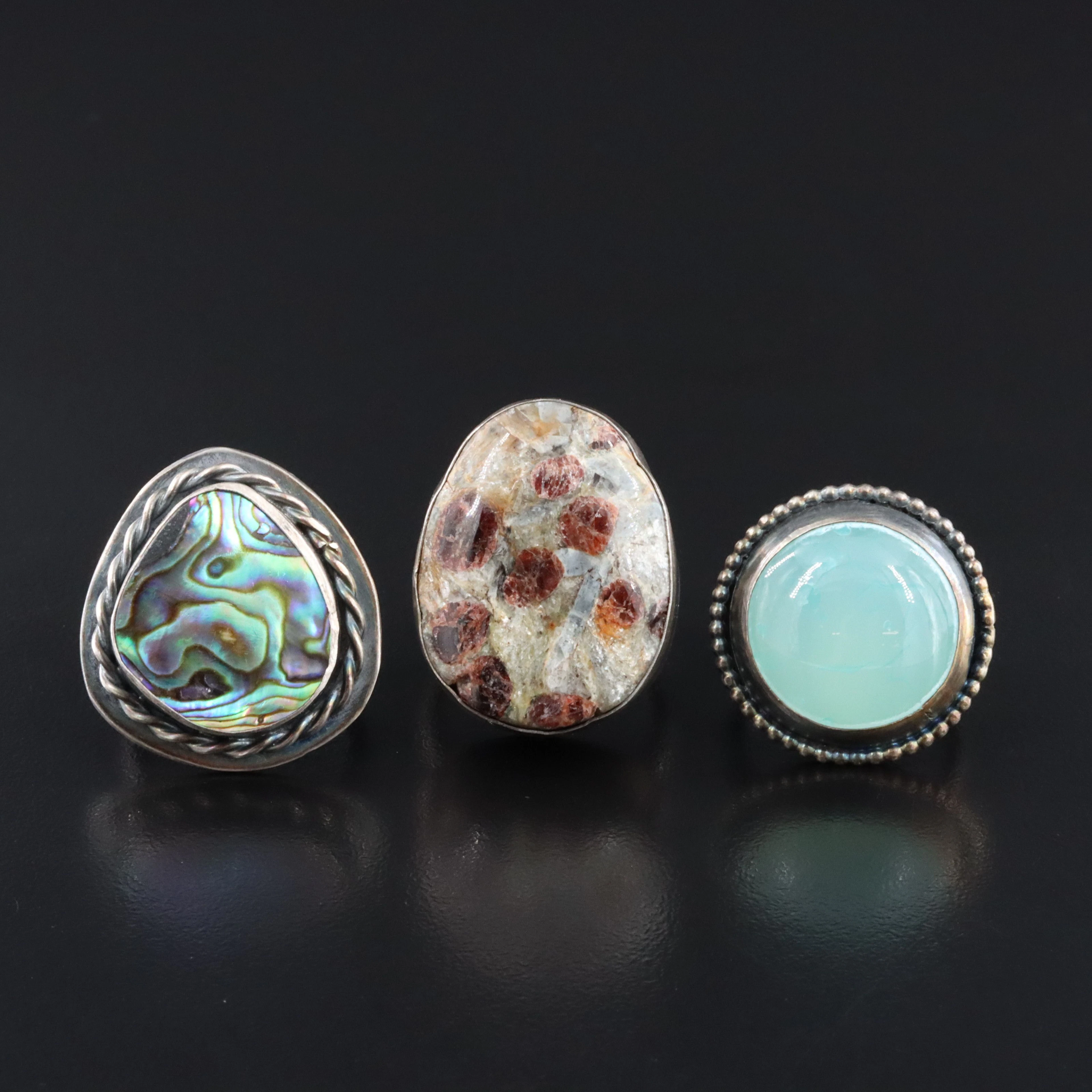 EON Designs Sterling Rings Featuring Abalone, Chalcedony and Garnet in Matrix