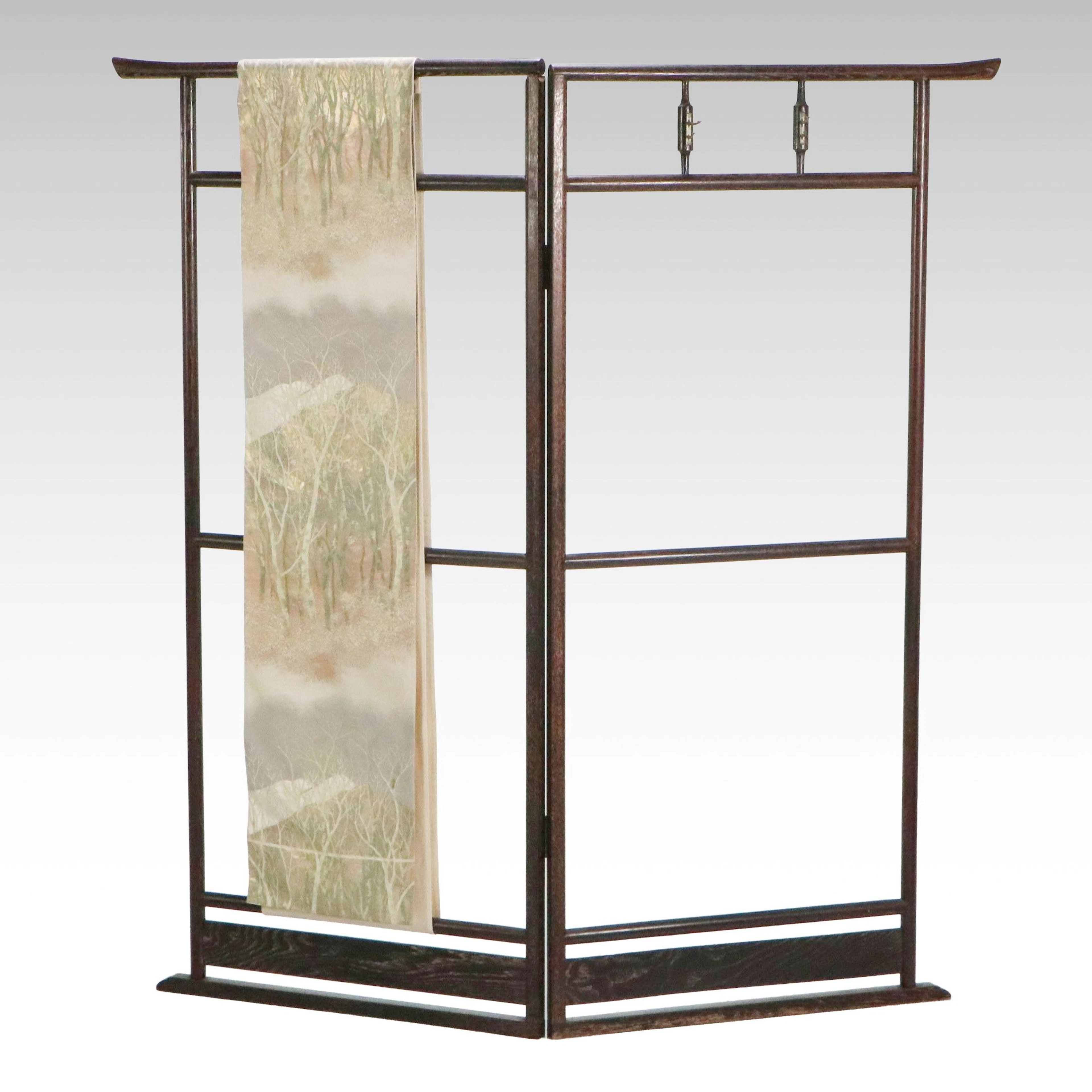 Japanese Two-Panel Folding Kimono Rack with Embroidered Silk Obi