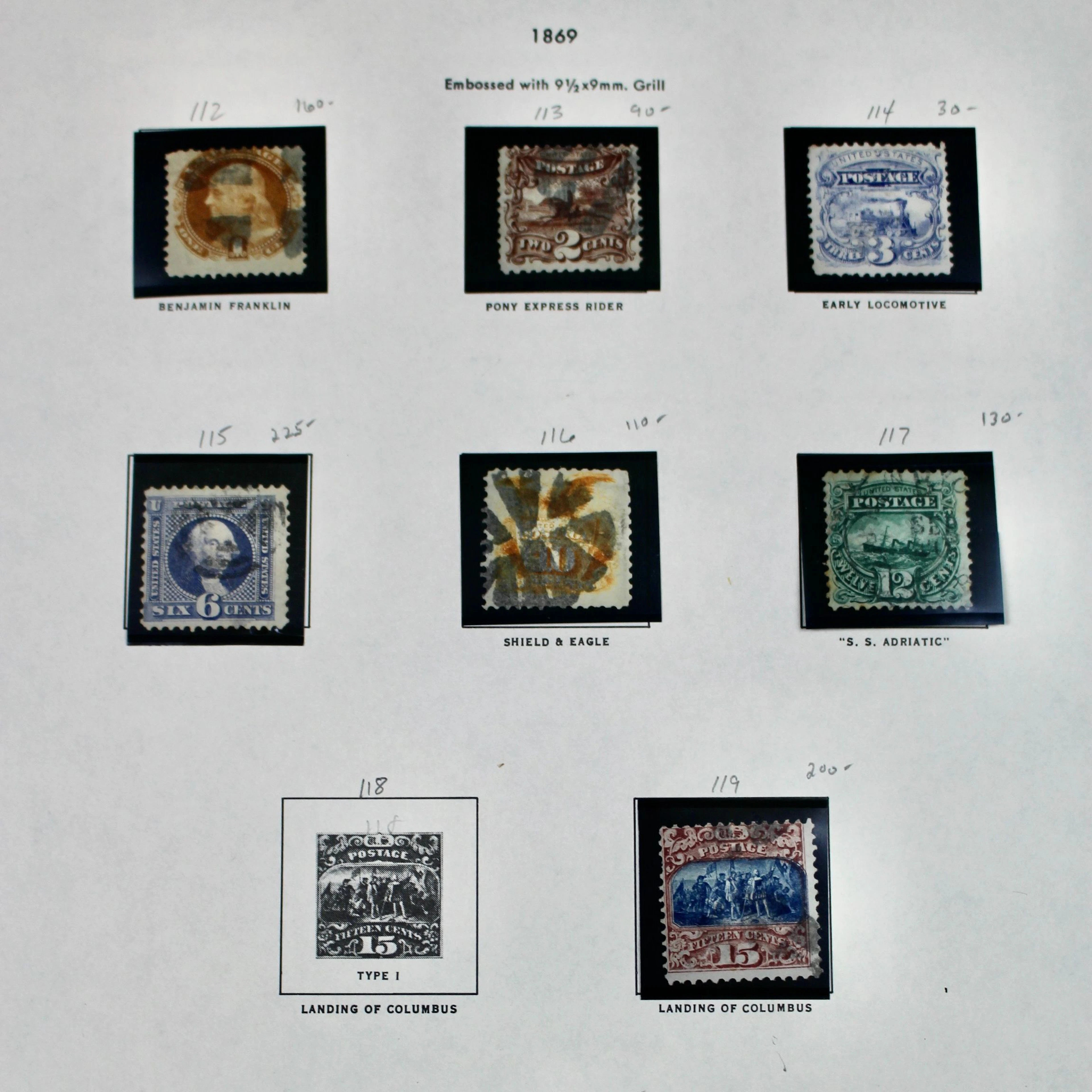 Eight 1869 Pictorial Stamp Issues, Scott 112 to 121