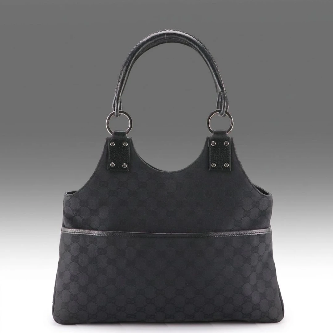 Gucci Black GG Jacquard Canvas and Cinghiale Leather Tote Bag