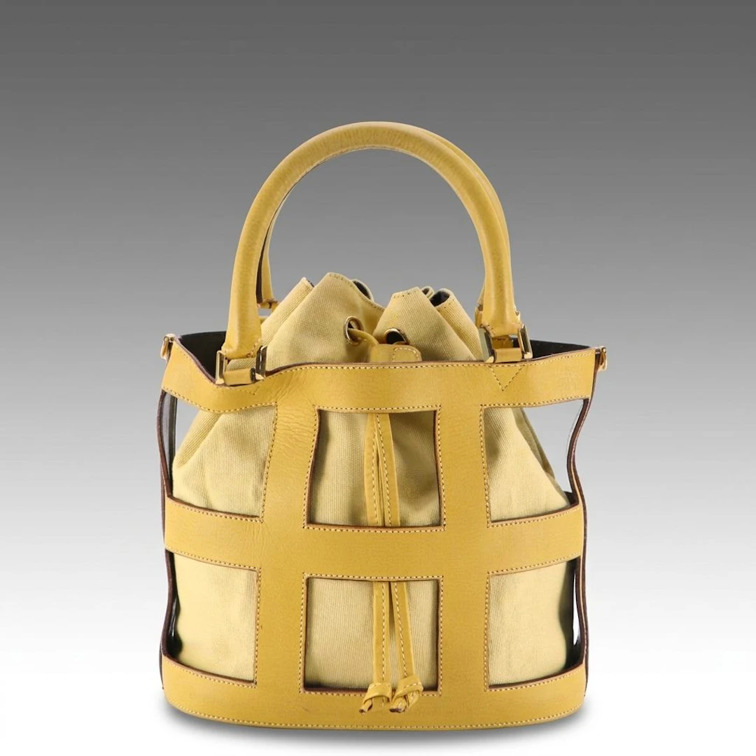 Salvatore Ferragamo Leather Cage Handbag with Canvas Drawstring Pouch