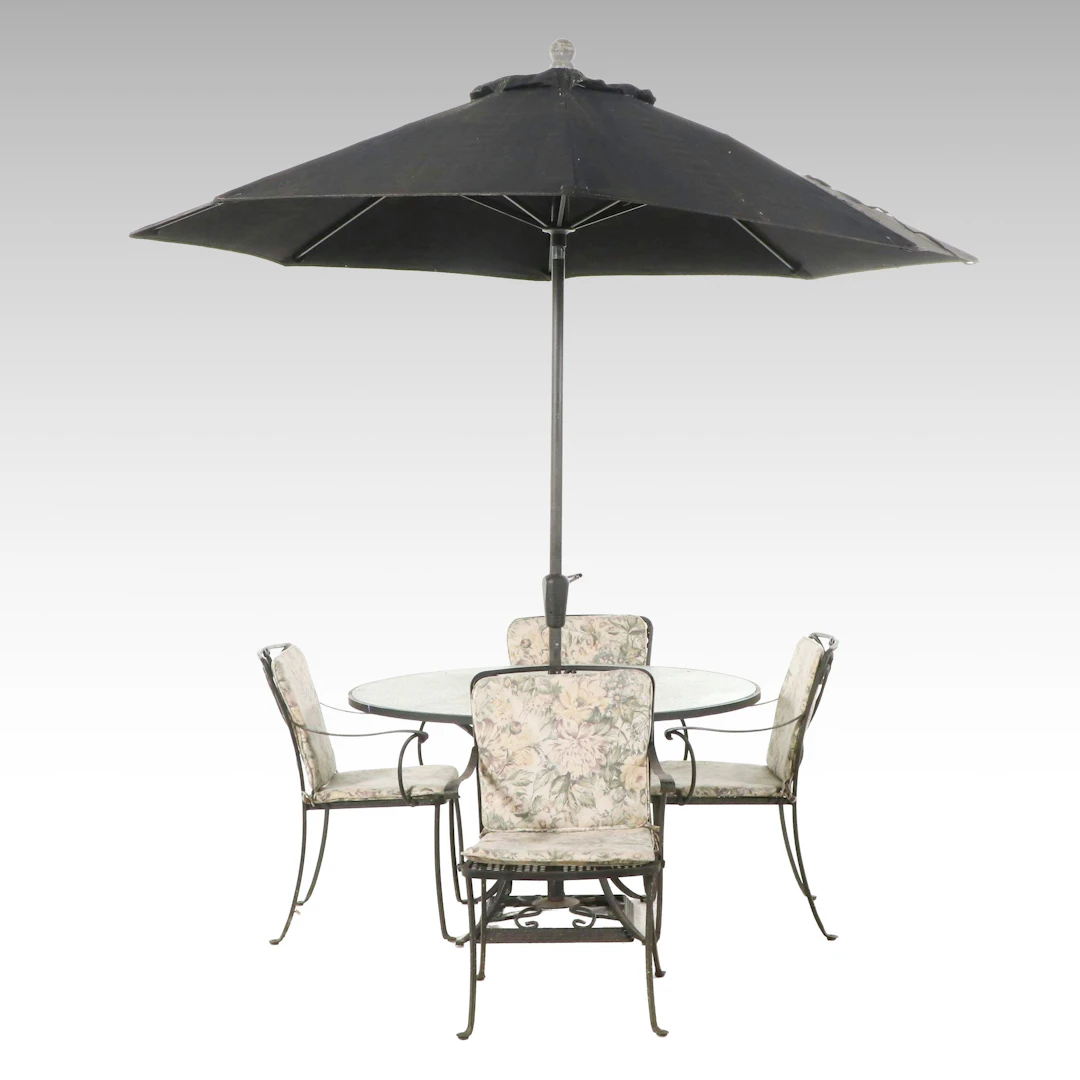 Cast Metal Five-Piece Patio Dining Set with Umbrella and Stand