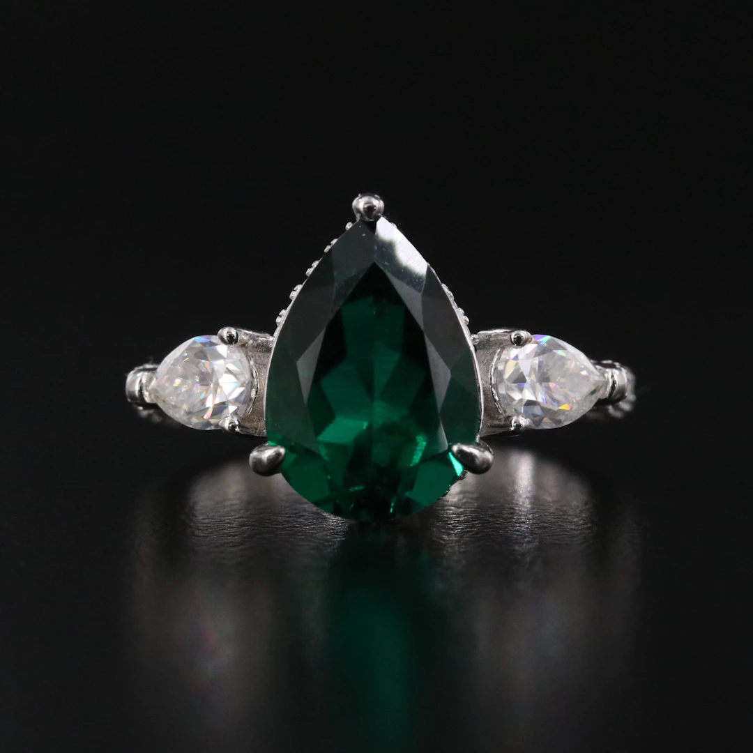 Sterling Lab Grown Emerald and Moissanite Ring