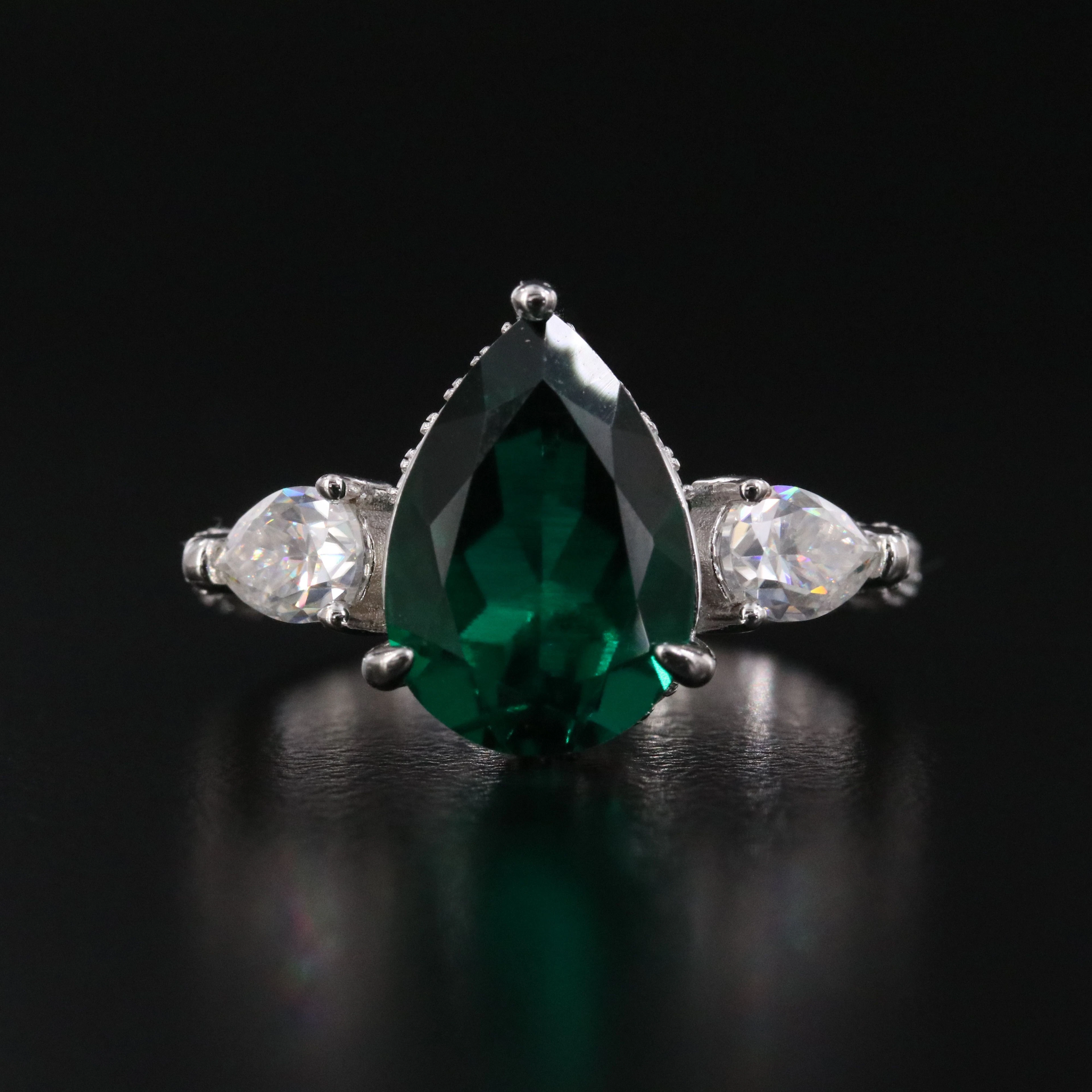 Sterling Lab Grown Emerald and Moissanite Ring
