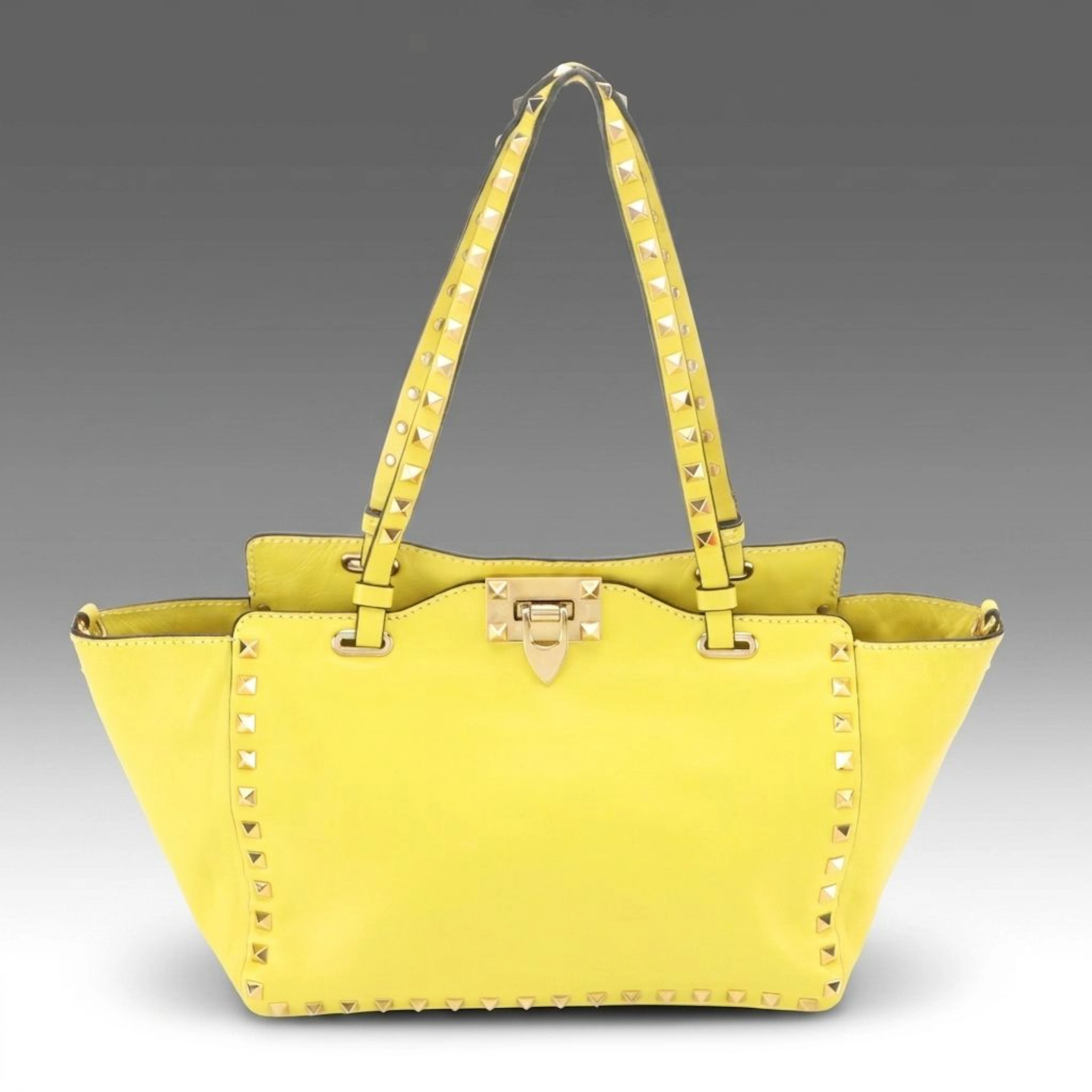 Valentino Garavani Rockstud Two-Way Tote in Neon Yellow Calfskin Leather