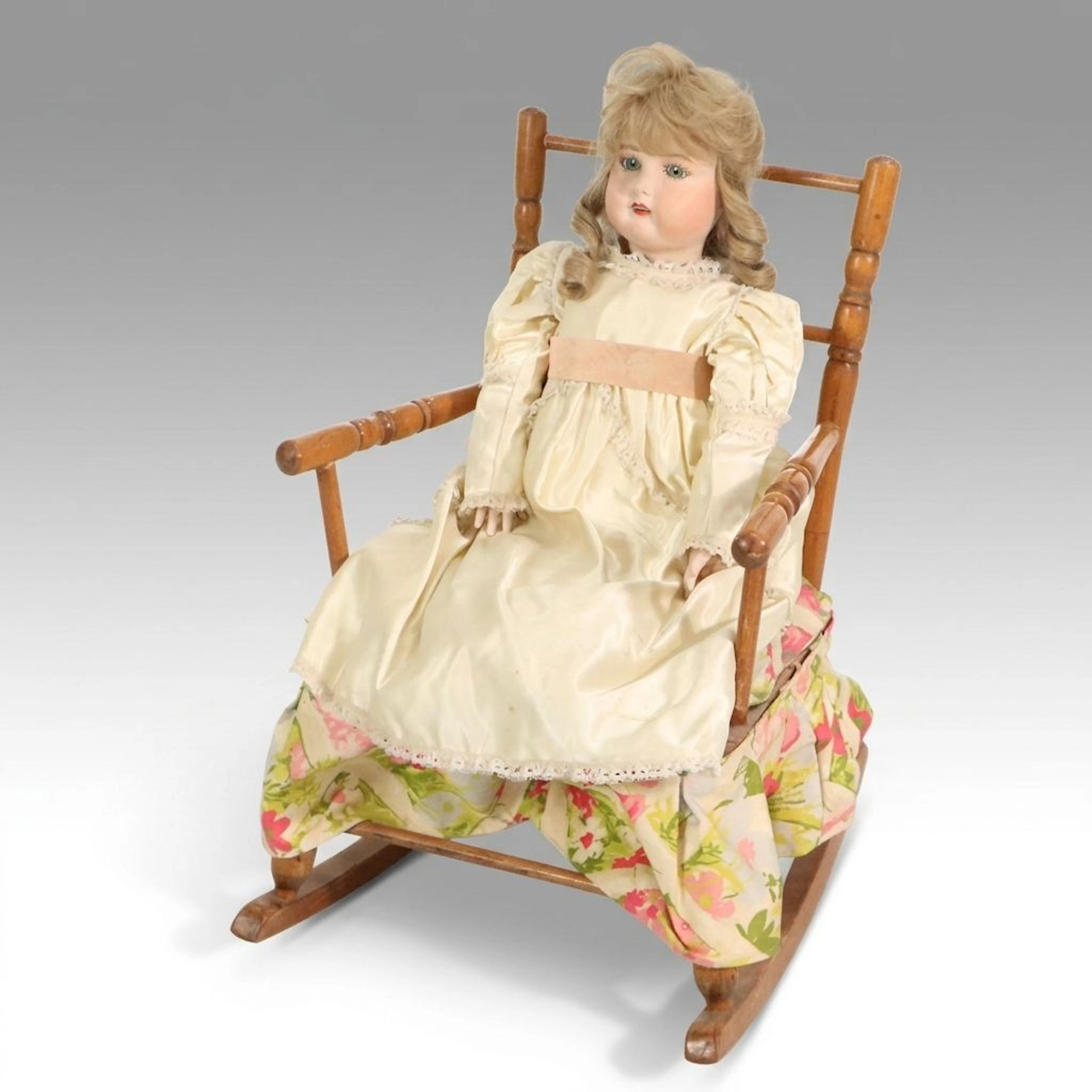 German Style Open Mouth Socket Head Child Doll with Rocking Chair