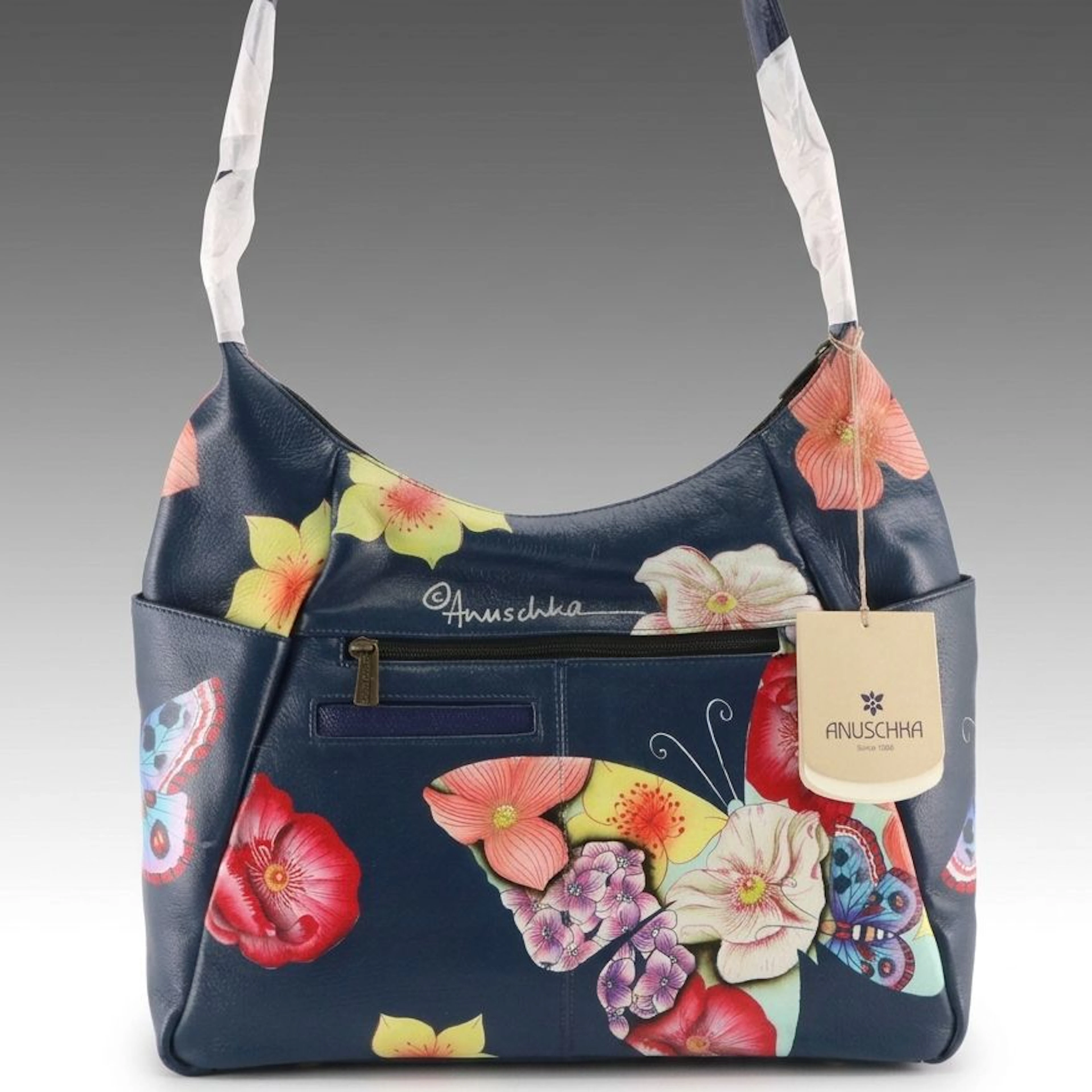 Anna by Anuschka Hand Painted "Butterfly Mosaic" Hobo Bag in Navy Blue Leather