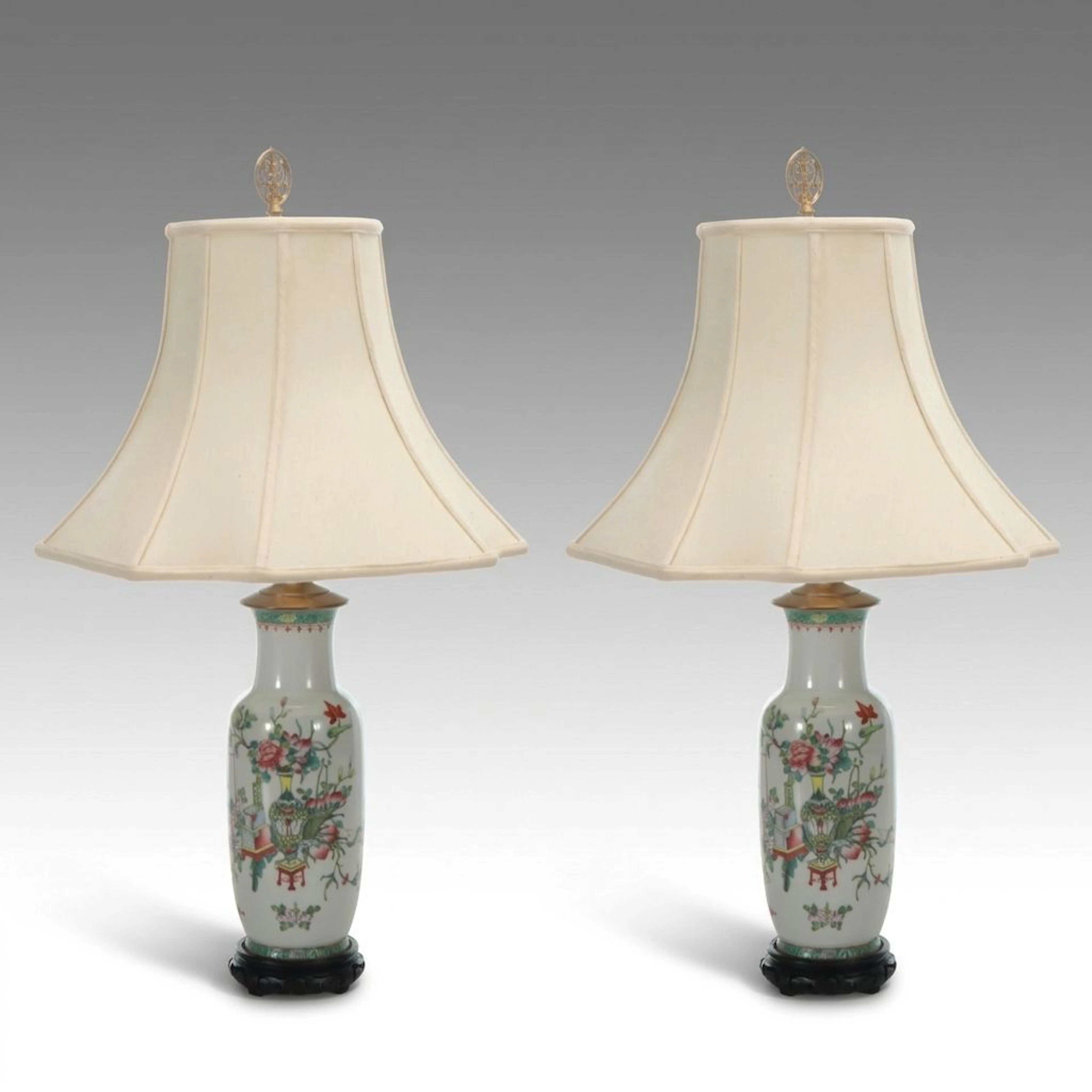 Chinese Famille Rose Hand-Painted Porcelain Table Lamps with Cotton Shades