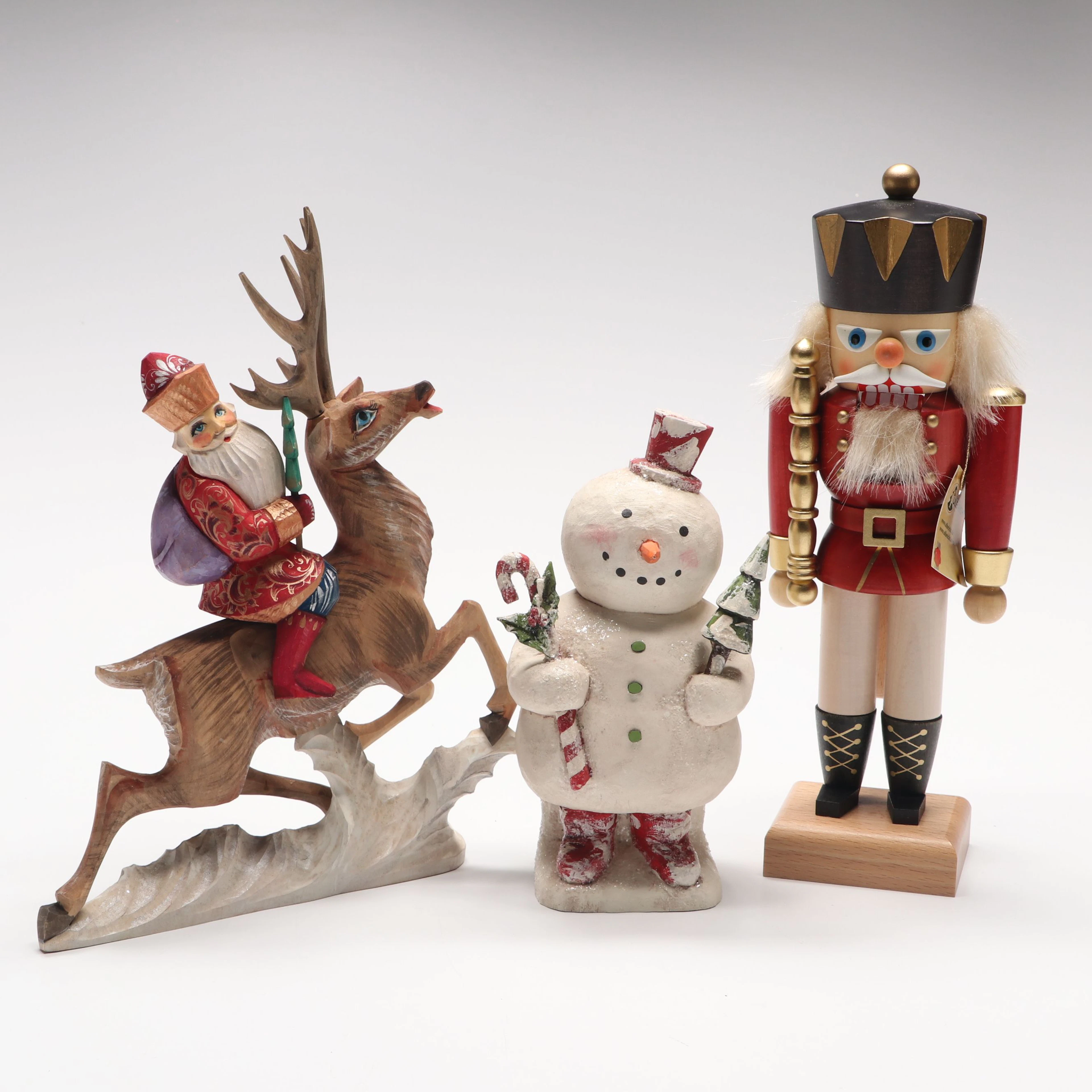 Russian Folk Art Hand-Carved Wood Reindeer with Nutcracker, Snowman and Tree