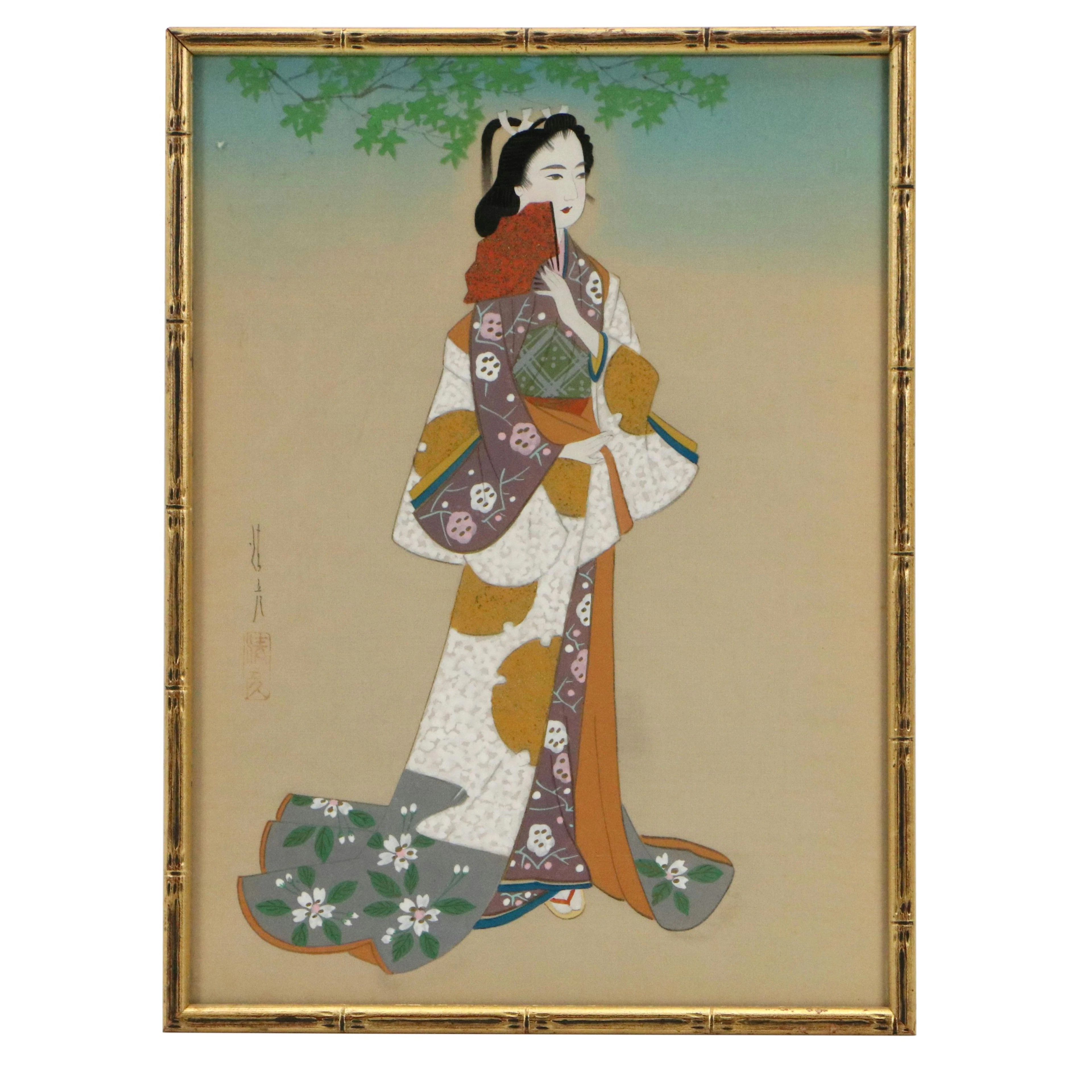 After Ishikawa Kiyohiko Gouache Painting of Woman Wearing Elegant