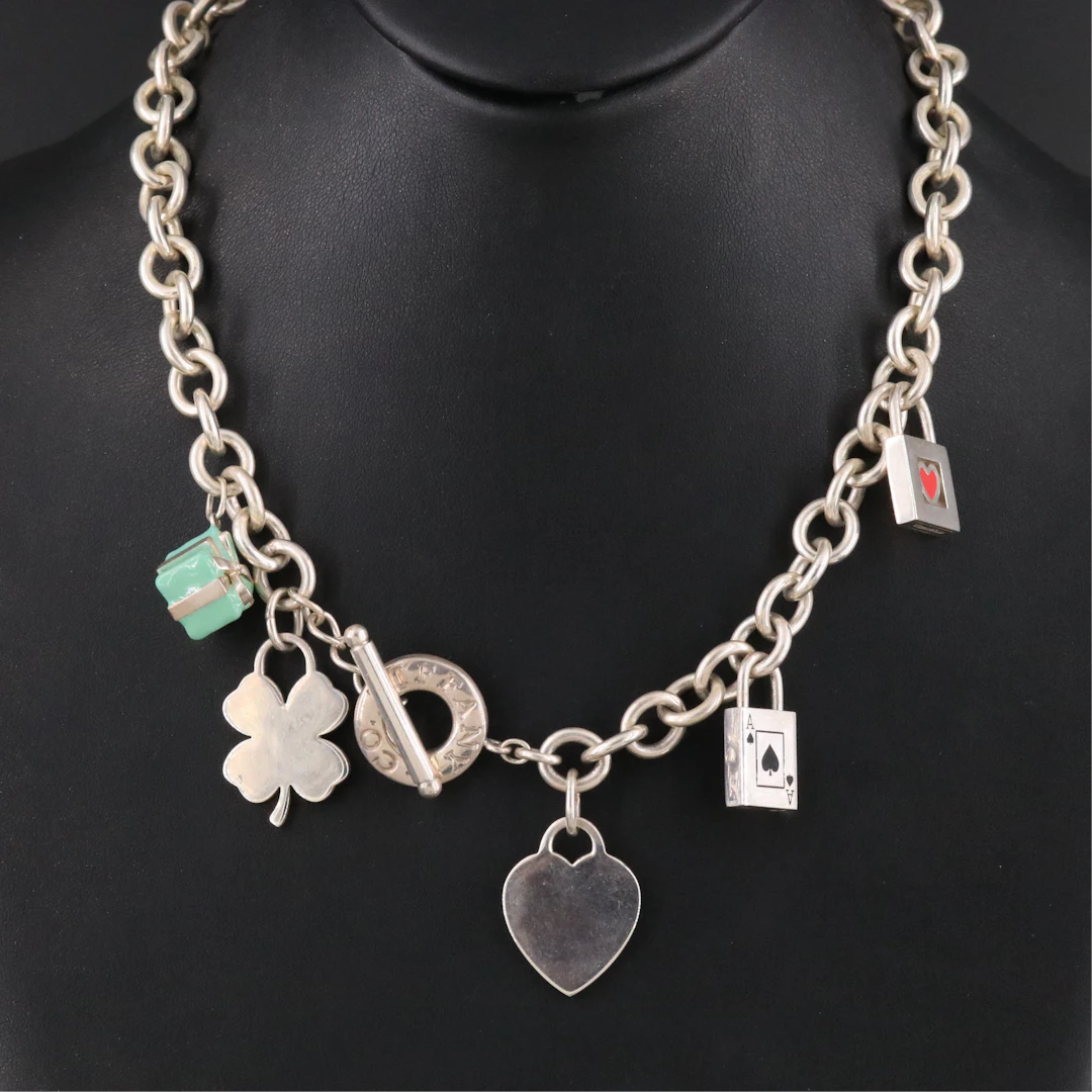 Tiffany & Co. Sterling Heart Tag Charm Necklace with Tiffany Enamel Charms