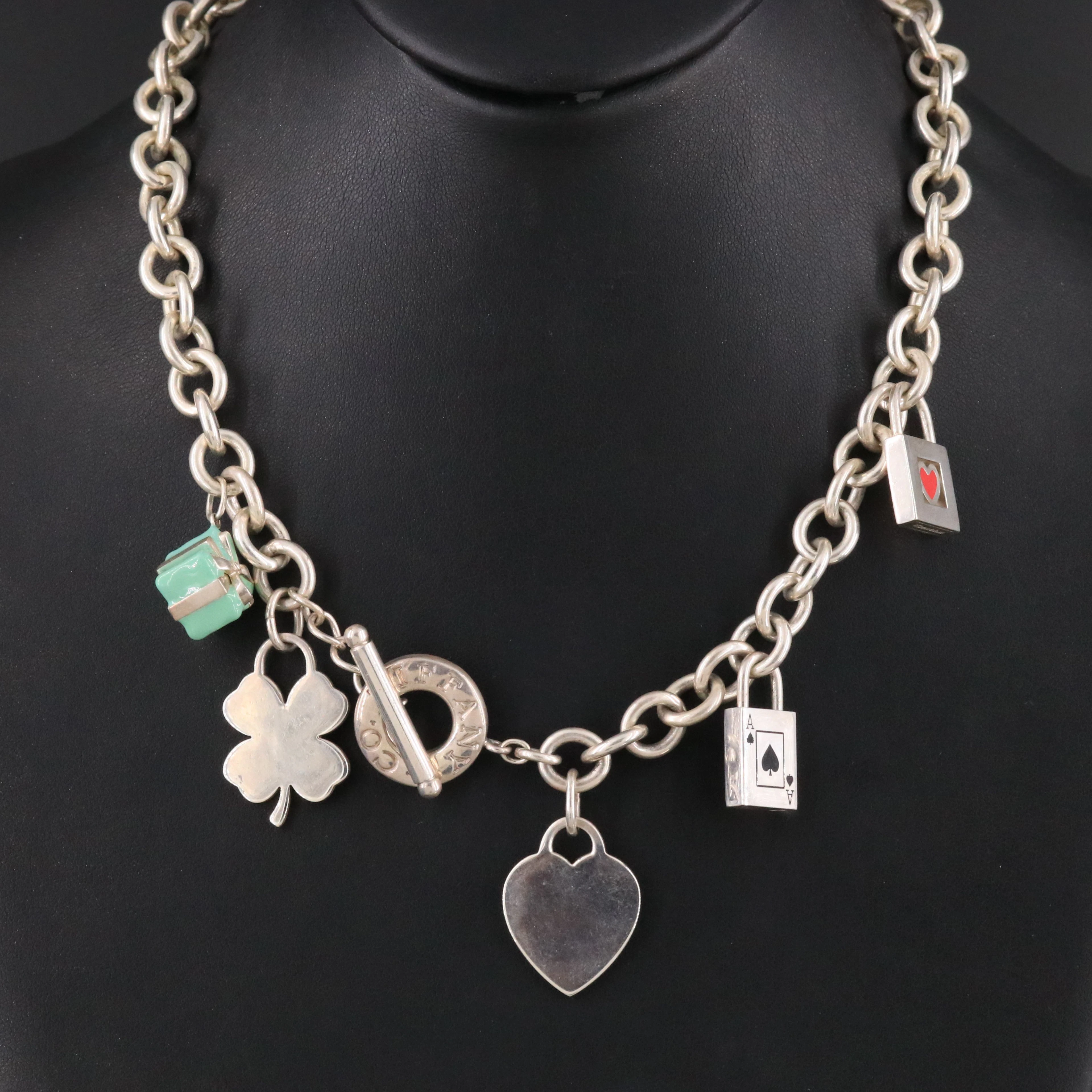 Tiffany & Co. Sterling Heart Tag Charm Necklace with Tiffany Enamel Charms