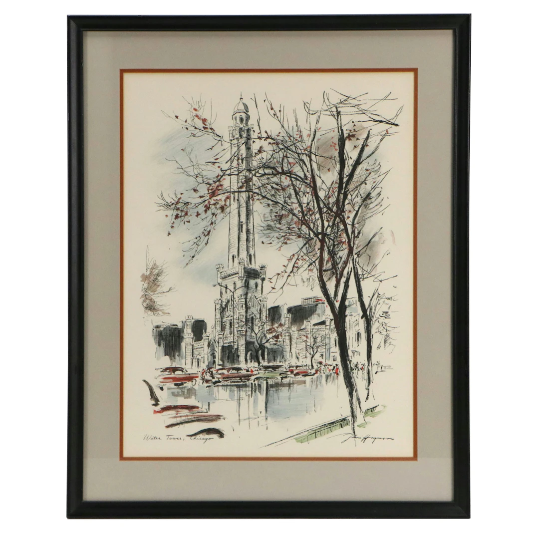 Color Lithograph After John Haymson "Water Tower, Chicago," Mid to Late 20th C.