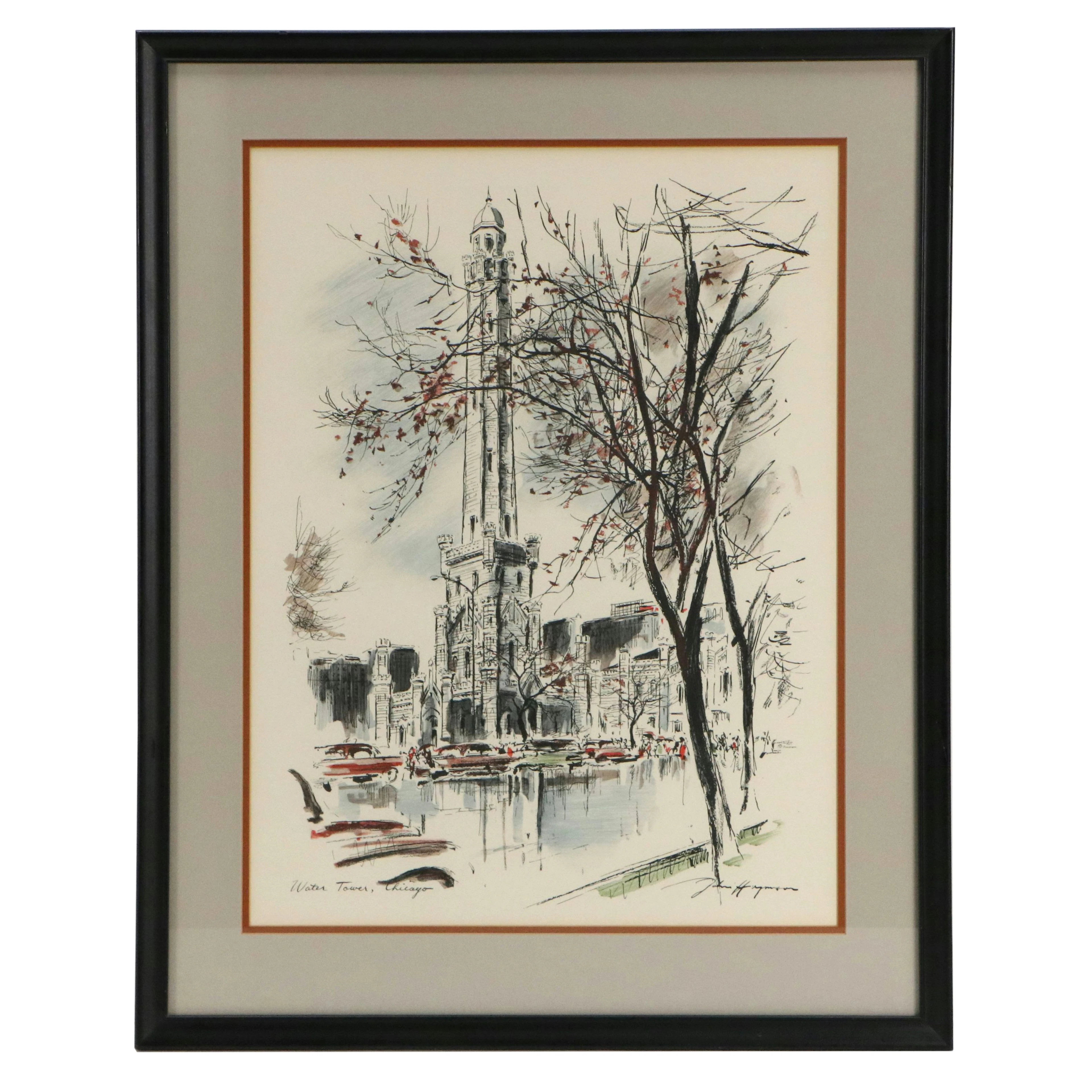 Color Lithograph After John Haymson "Water Tower, Chicago," Mid to Late 20th C.
