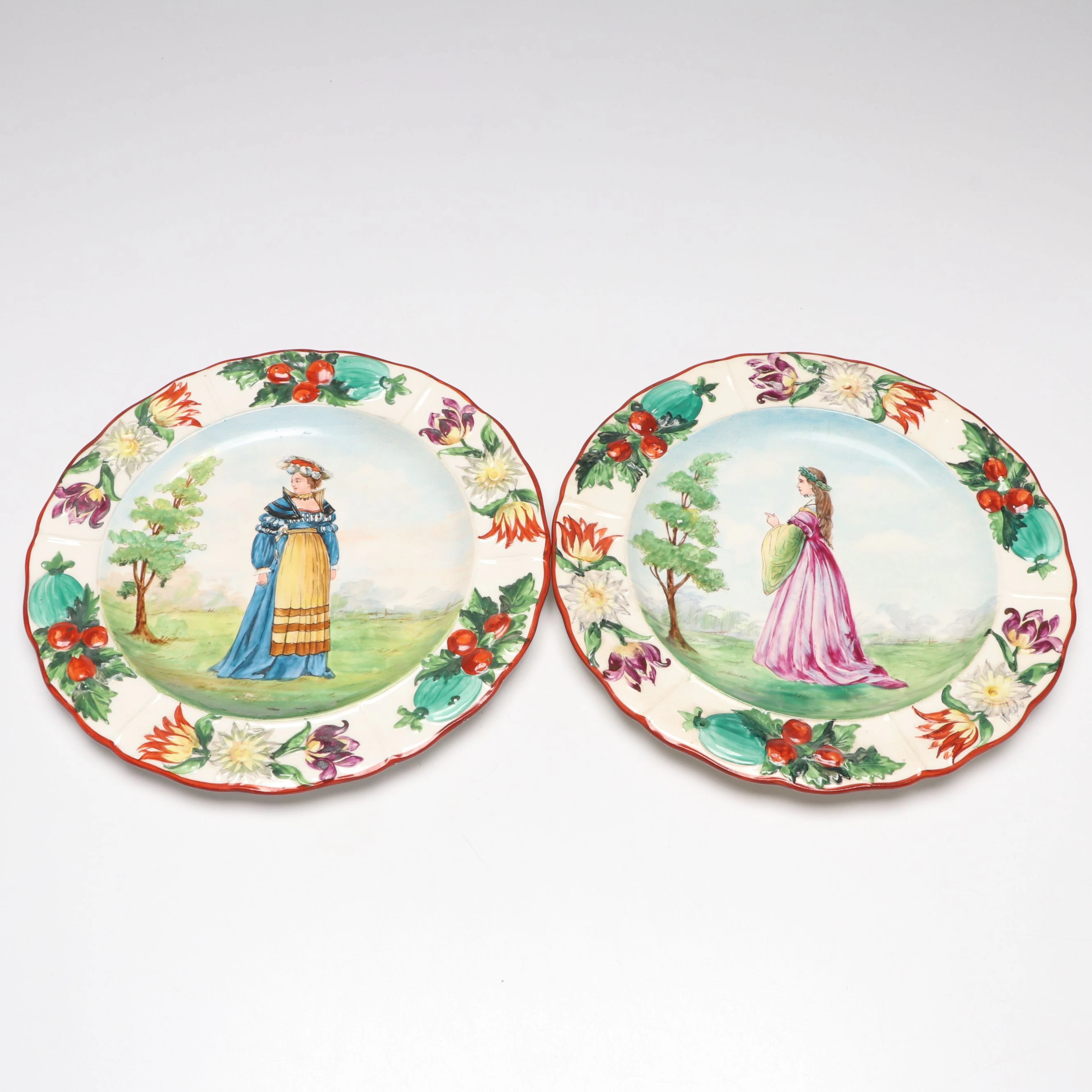 American Hobbyist Hand-Painted German Fashion Cabinet Plates, Early 20th C.