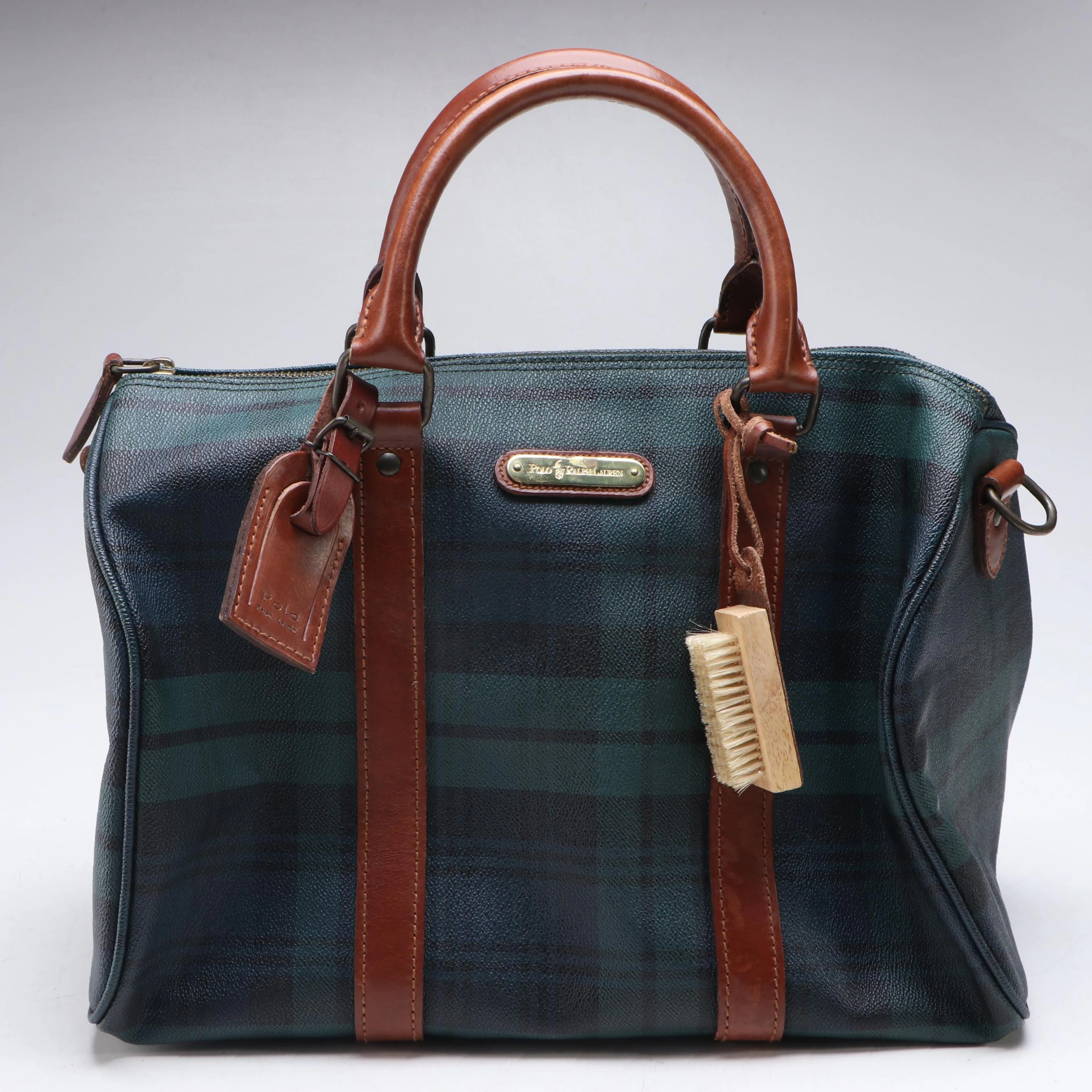 Polo Ralph Lauren Black Watch Small Boston Bag in Coated Canvas and Leather