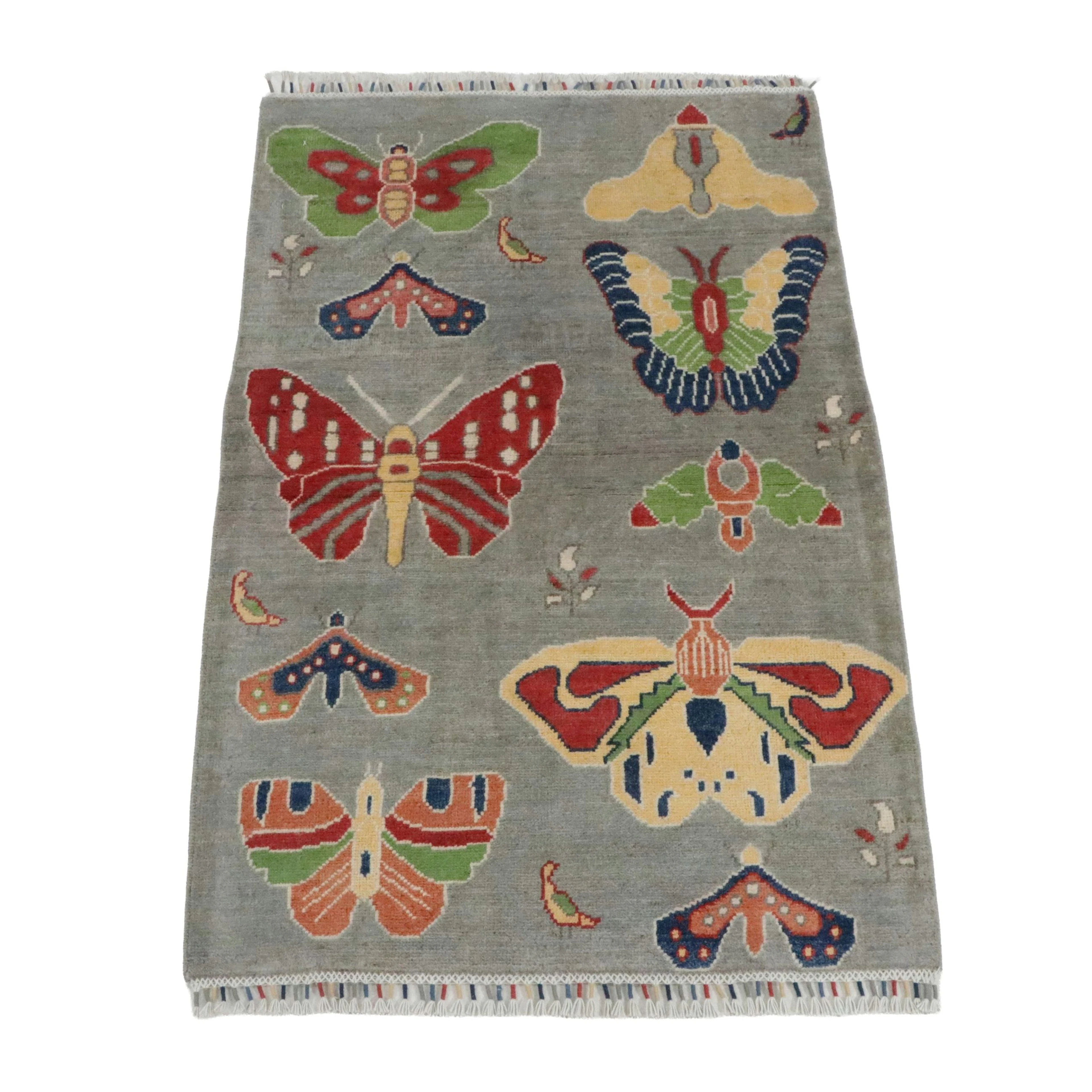 2'9 x 4'4 Hand-Knotted Tibetan Style Butterfly and Moth Pictorial Accent Rug