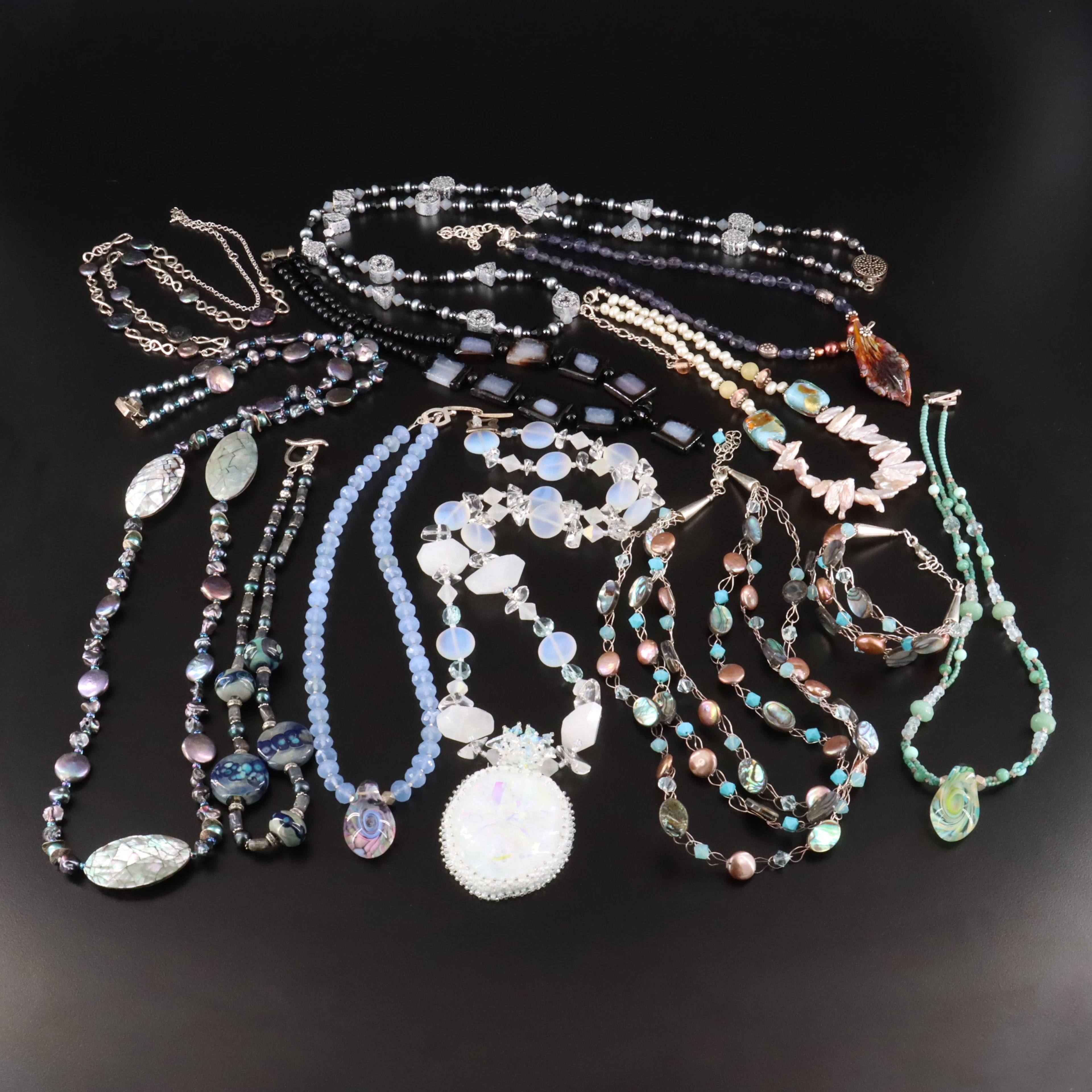 Sterling Necklaces & Bracelet Including Abalone, Iolite, Agate & Art Glass