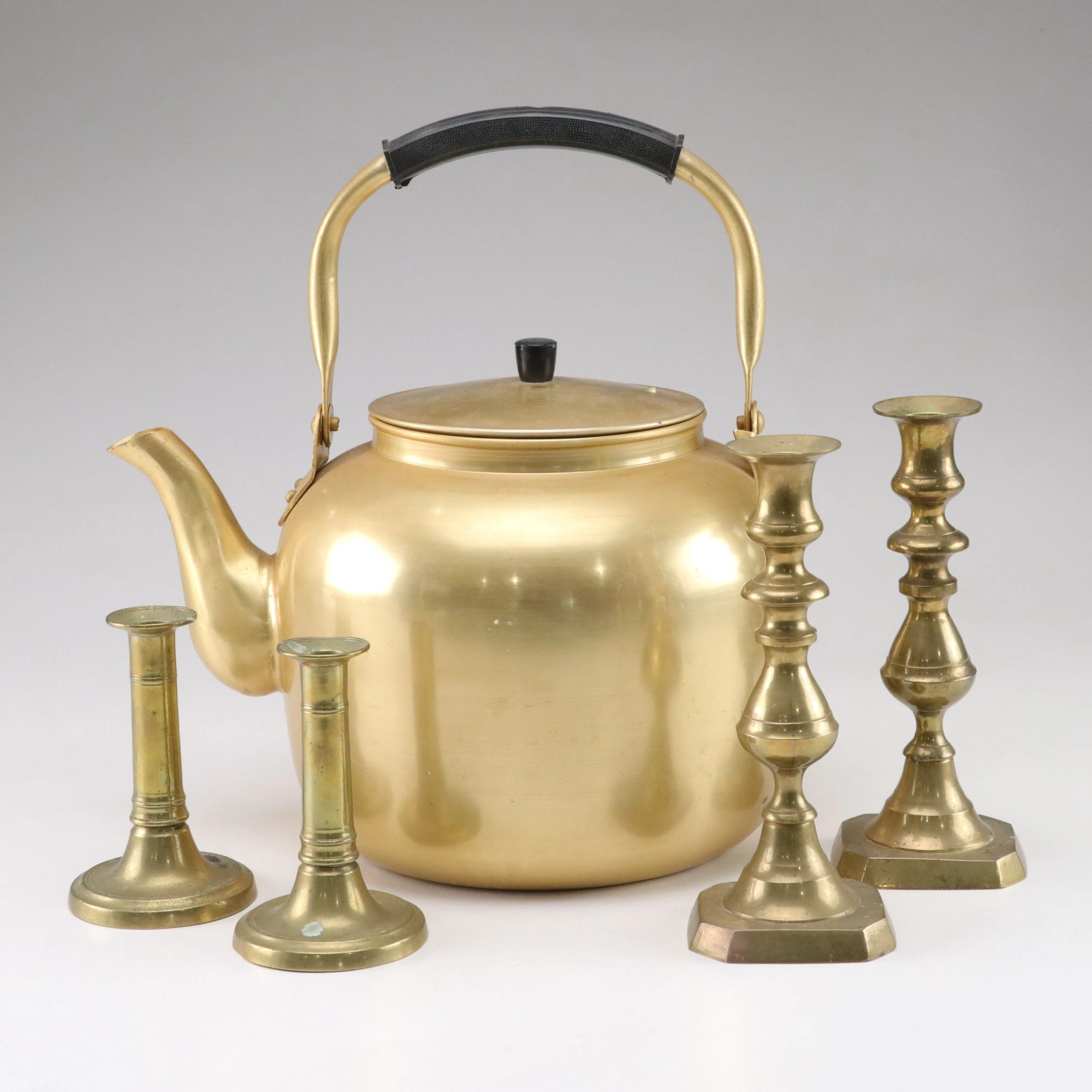 Korean Gold Tone Aluminum Kettle with Brass Candlesticks