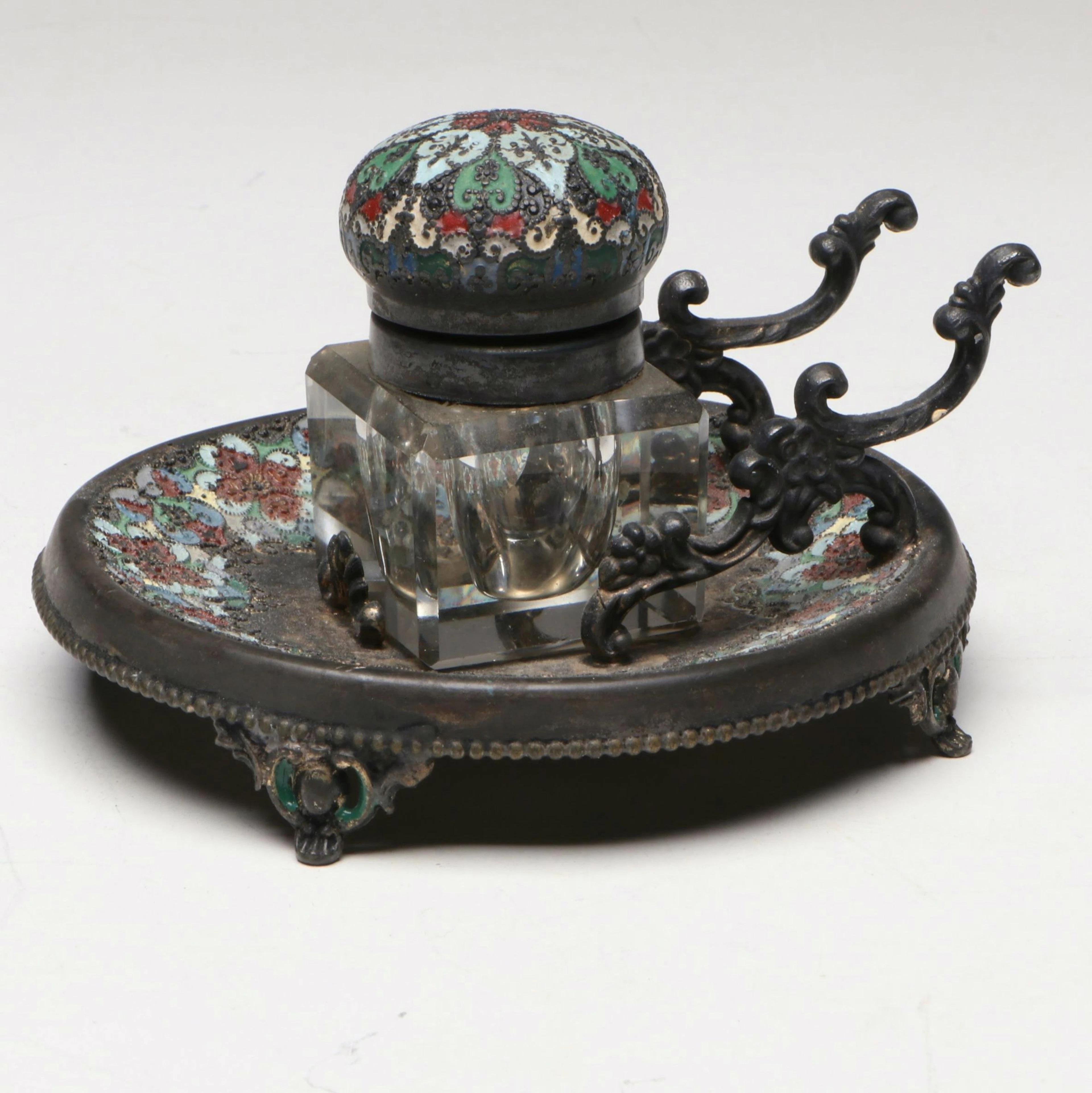 E. G. Webster Champlevé Silver Plate Inkwell, Late 19th/Early 20th Century
